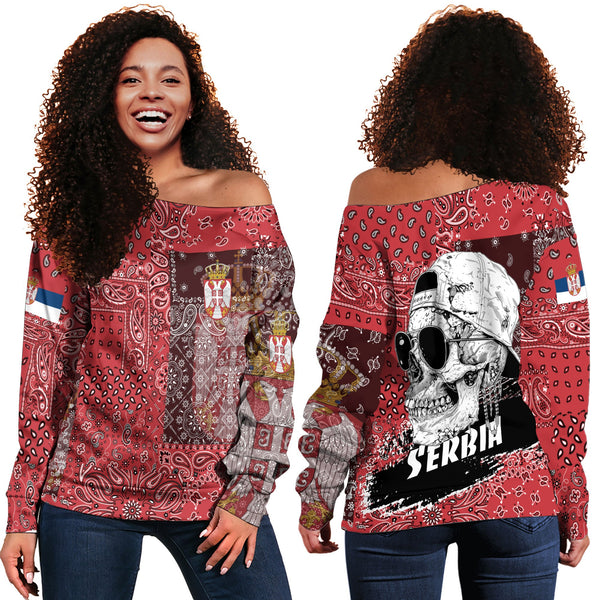 Serbia Women Off Shoulder Sweatshirt Paisley Flag And Skull Style 1