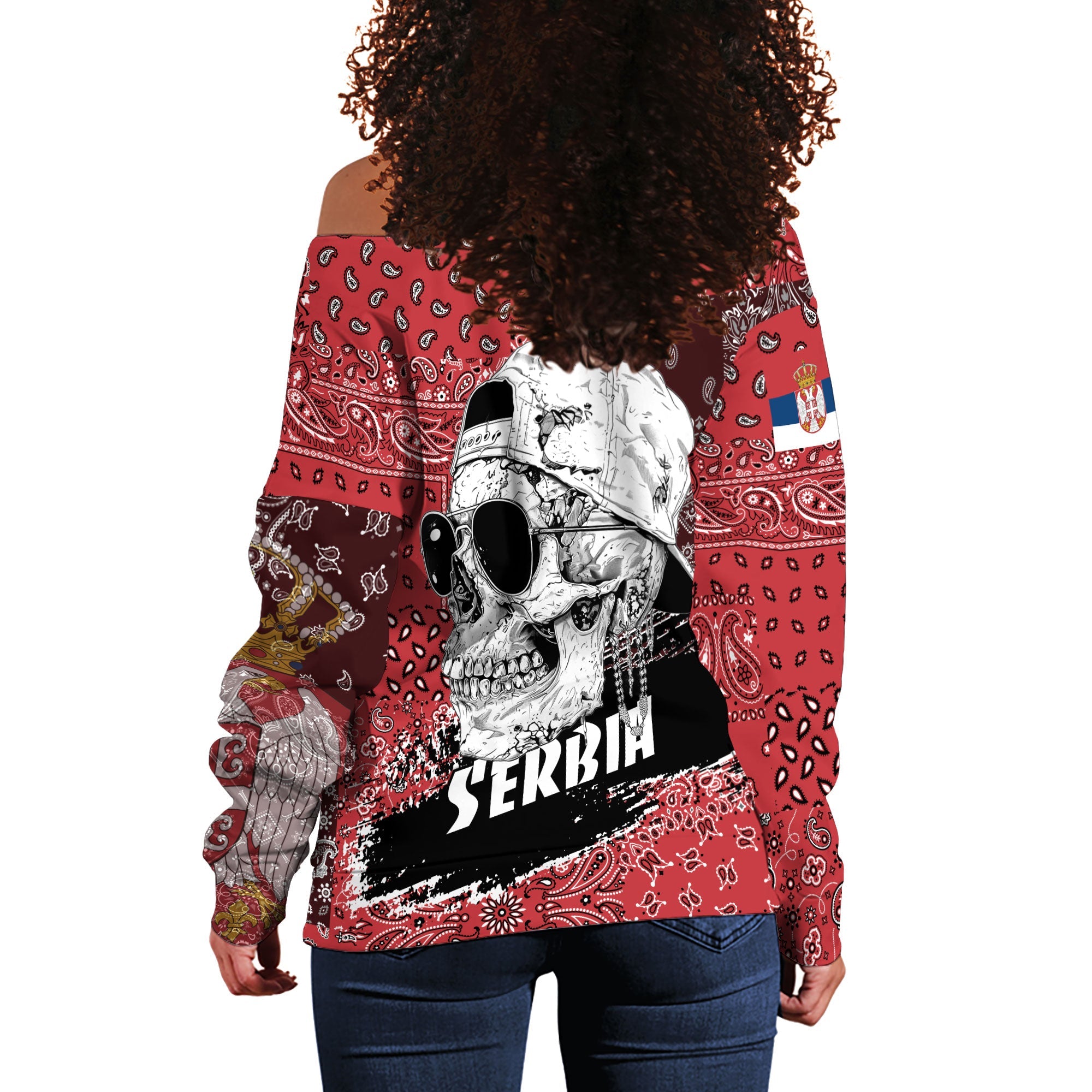 Serbia Women Off Shoulder Sweatshirt Paisley Flag And Skull Style 3