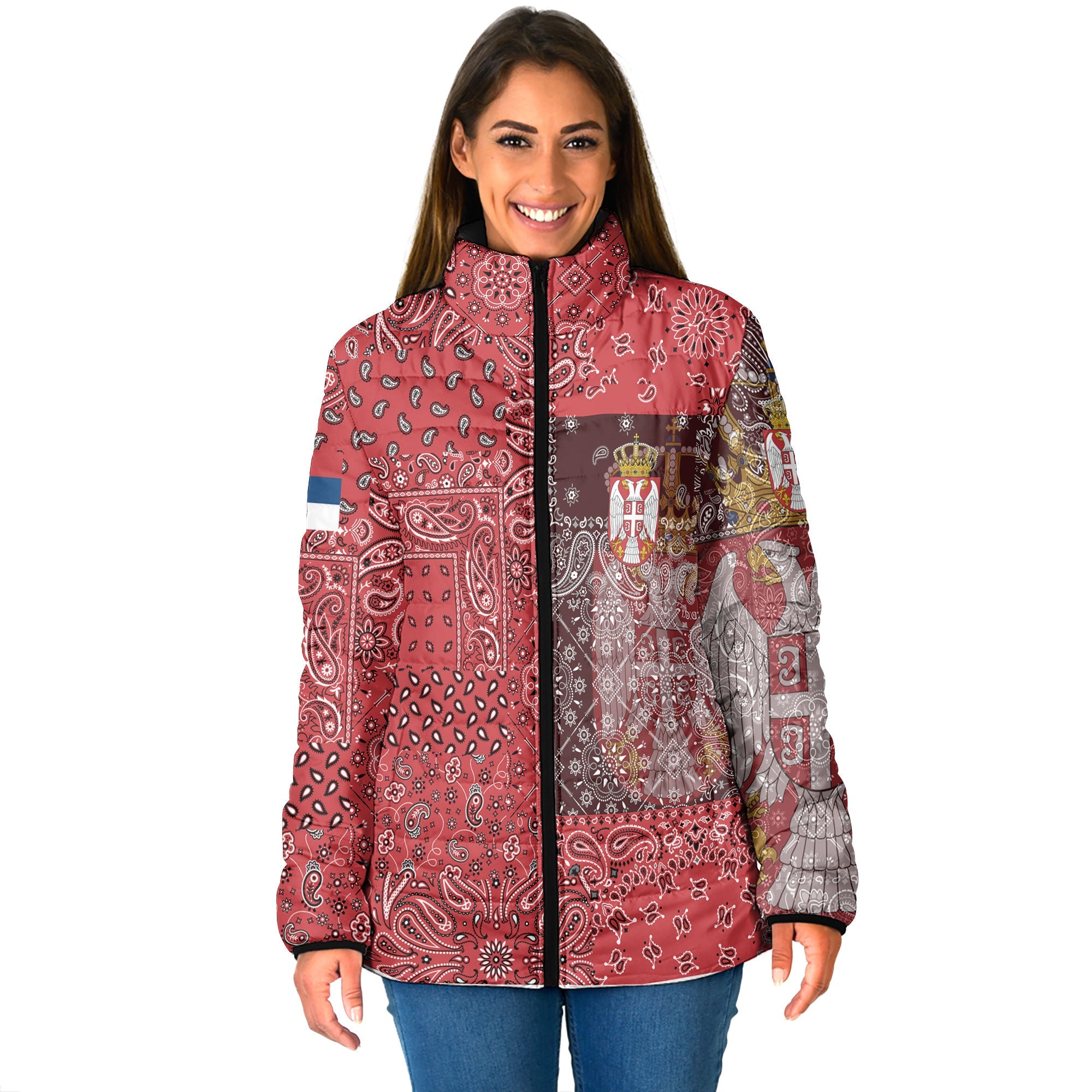 Serbia Women Padded Jacket Paisley Flag And Skull Style 1