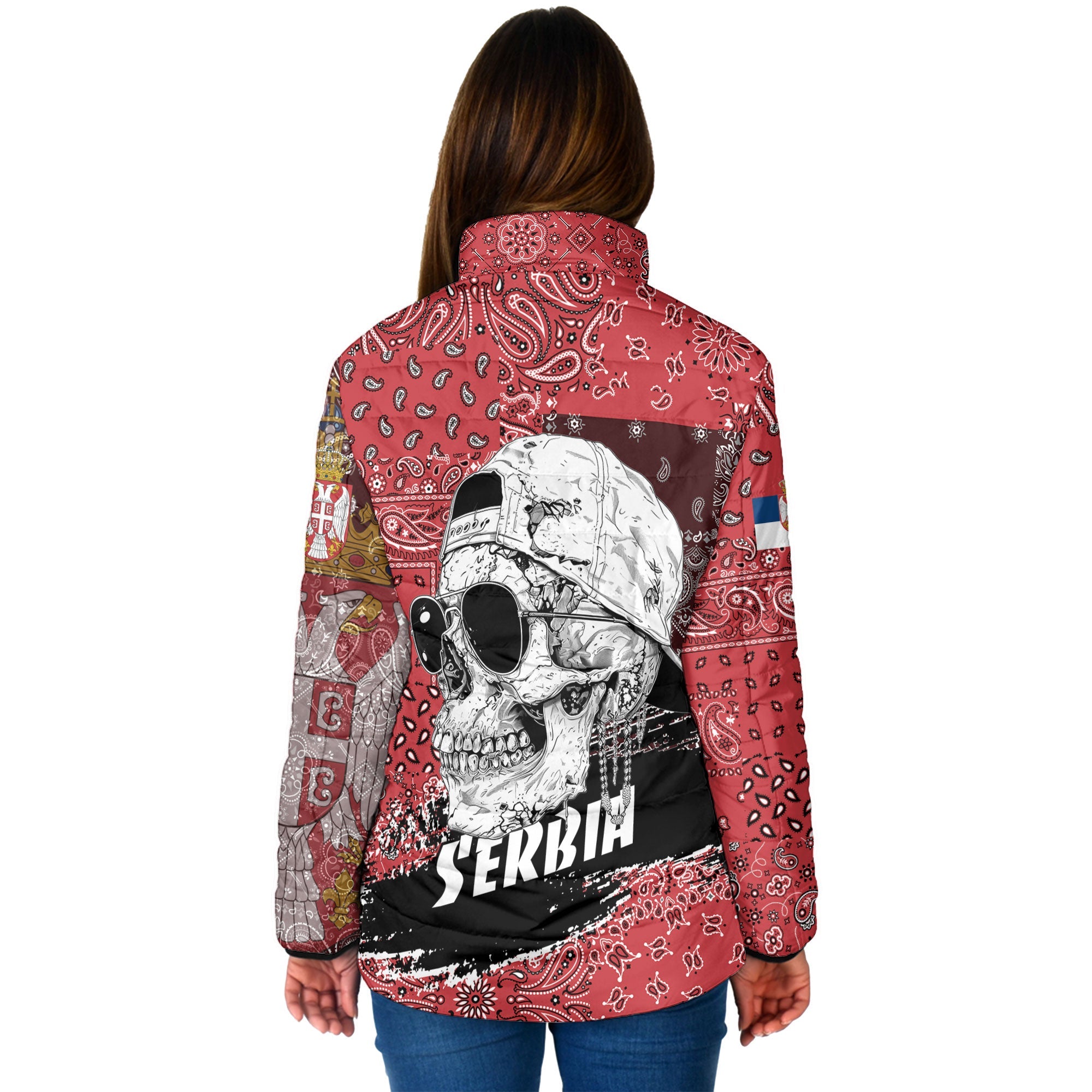 Serbia Women Padded Jacket Paisley Flag And Skull Style 2