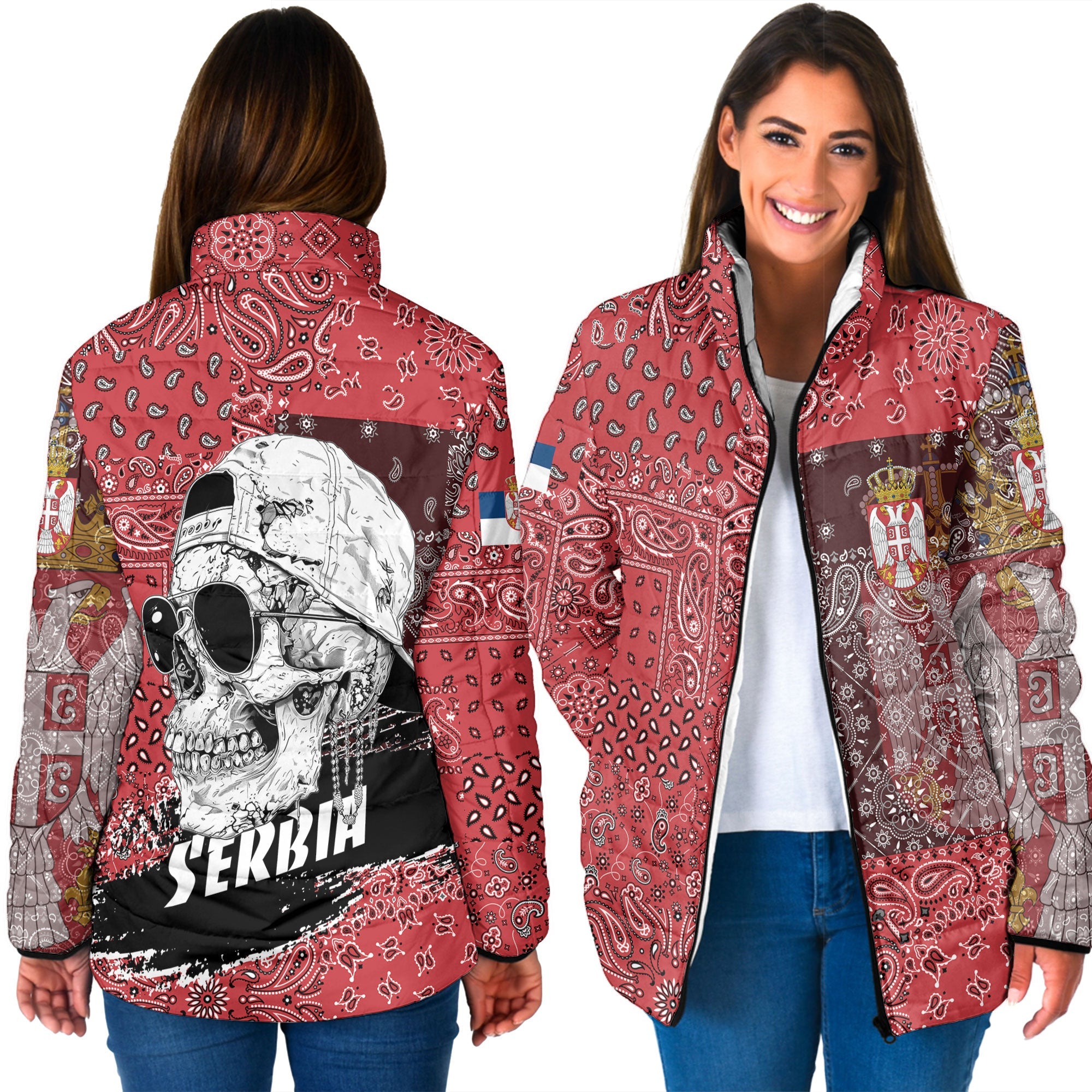 Serbia Women Padded Jacket Paisley Flag And Skull Style 3