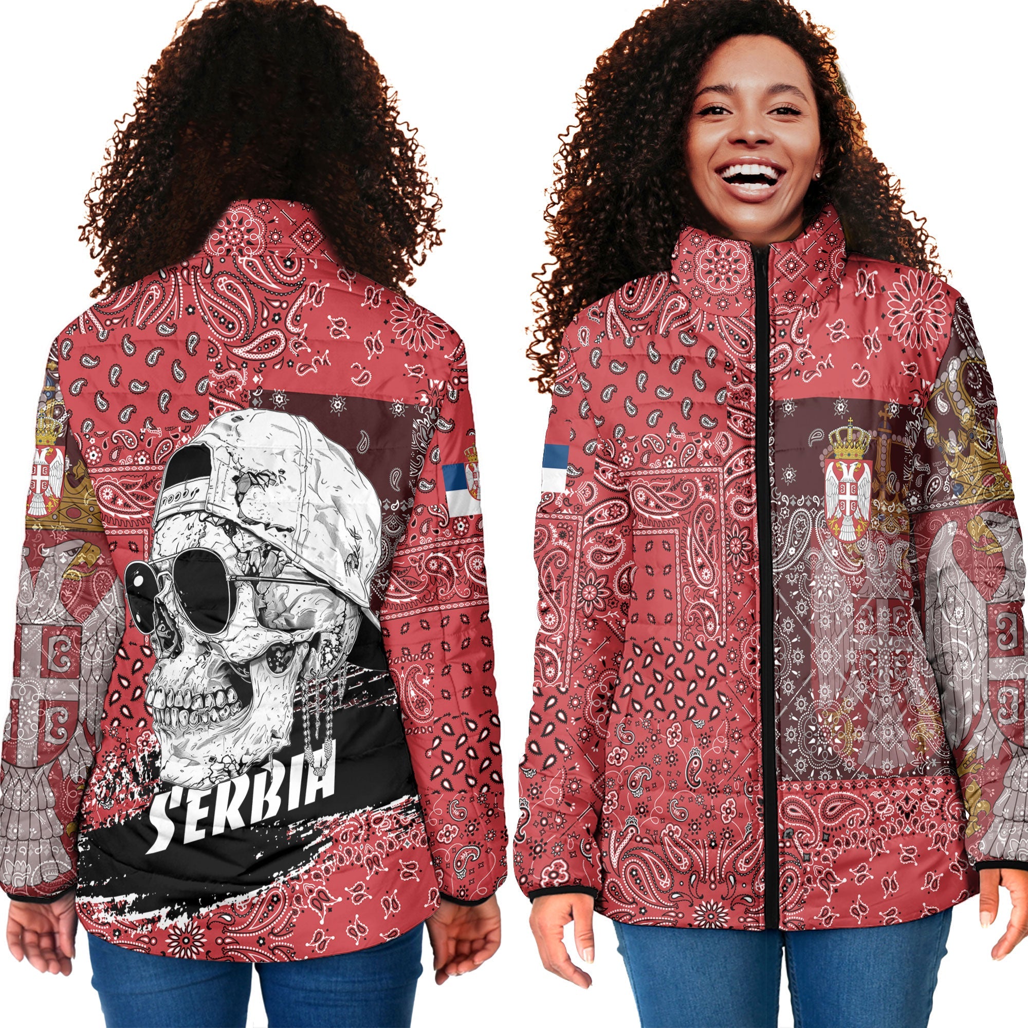 Serbia Women Padded Jacket Paisley Flag And Skull Style 4