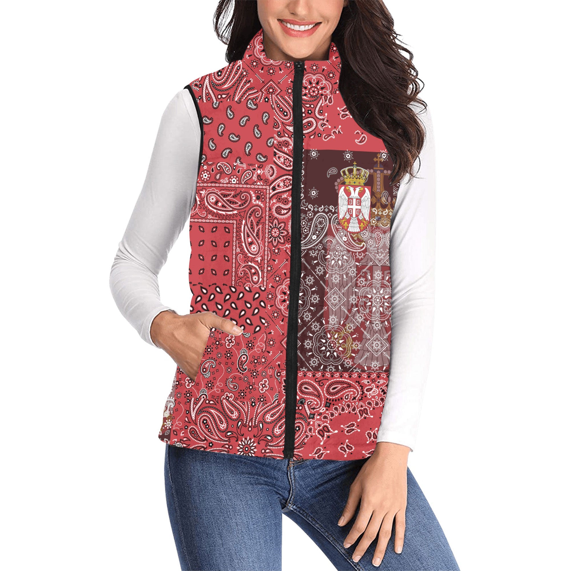 Serbia Women Padded Jacket Vest Paisley Flag And Skull Style 1