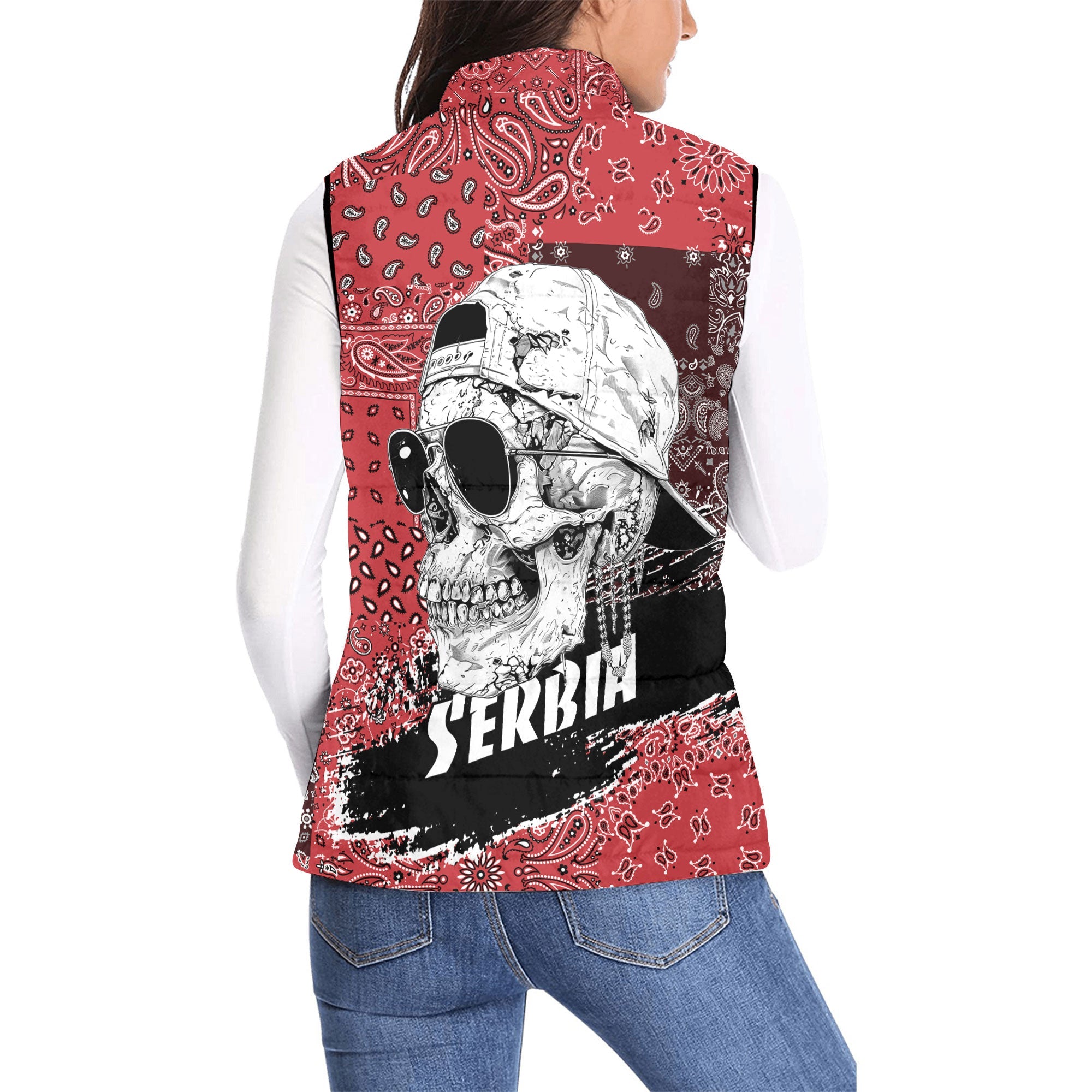 Serbia Women Padded Jacket Vest Paisley Flag And Skull Style 2