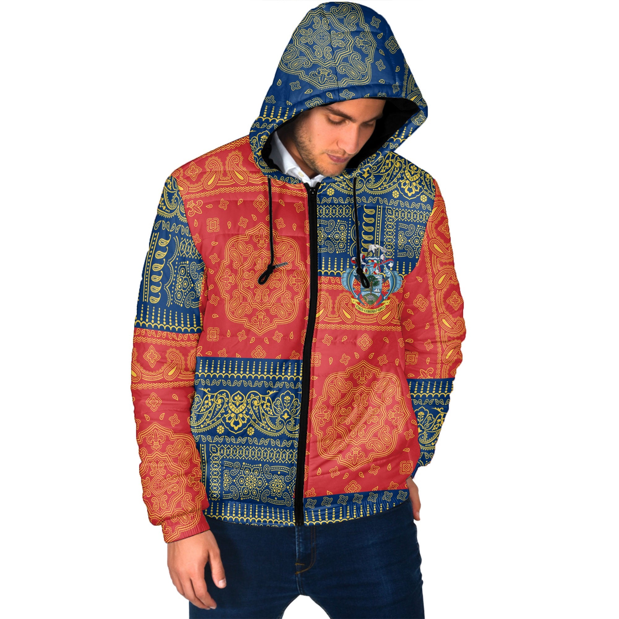 Seychelles Men Hooded Padded Jacket Flag And Paisley Basic Style 2