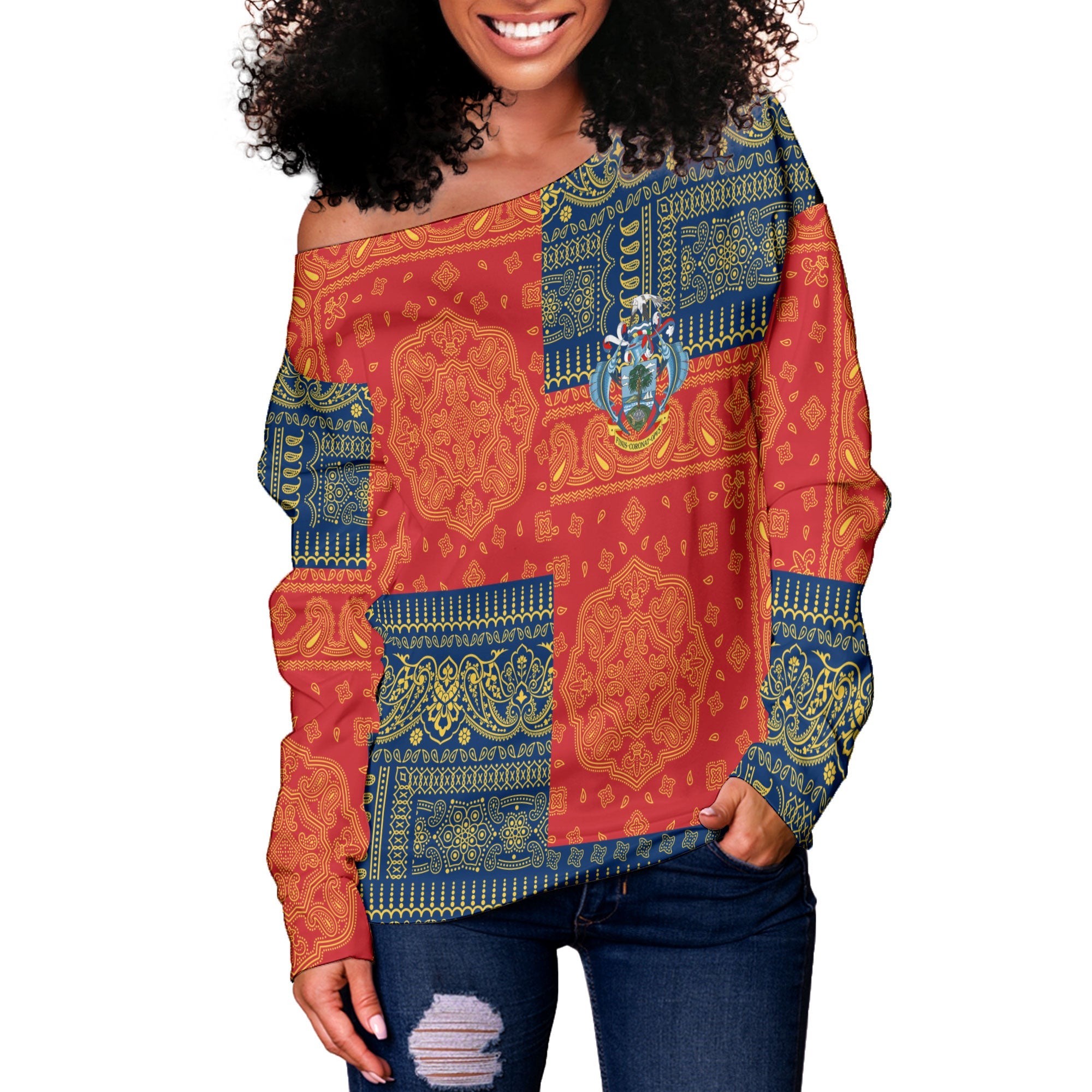 Seychelles Women Off Shoulder Sweatshirt Flag And Paisley Basic Style 2