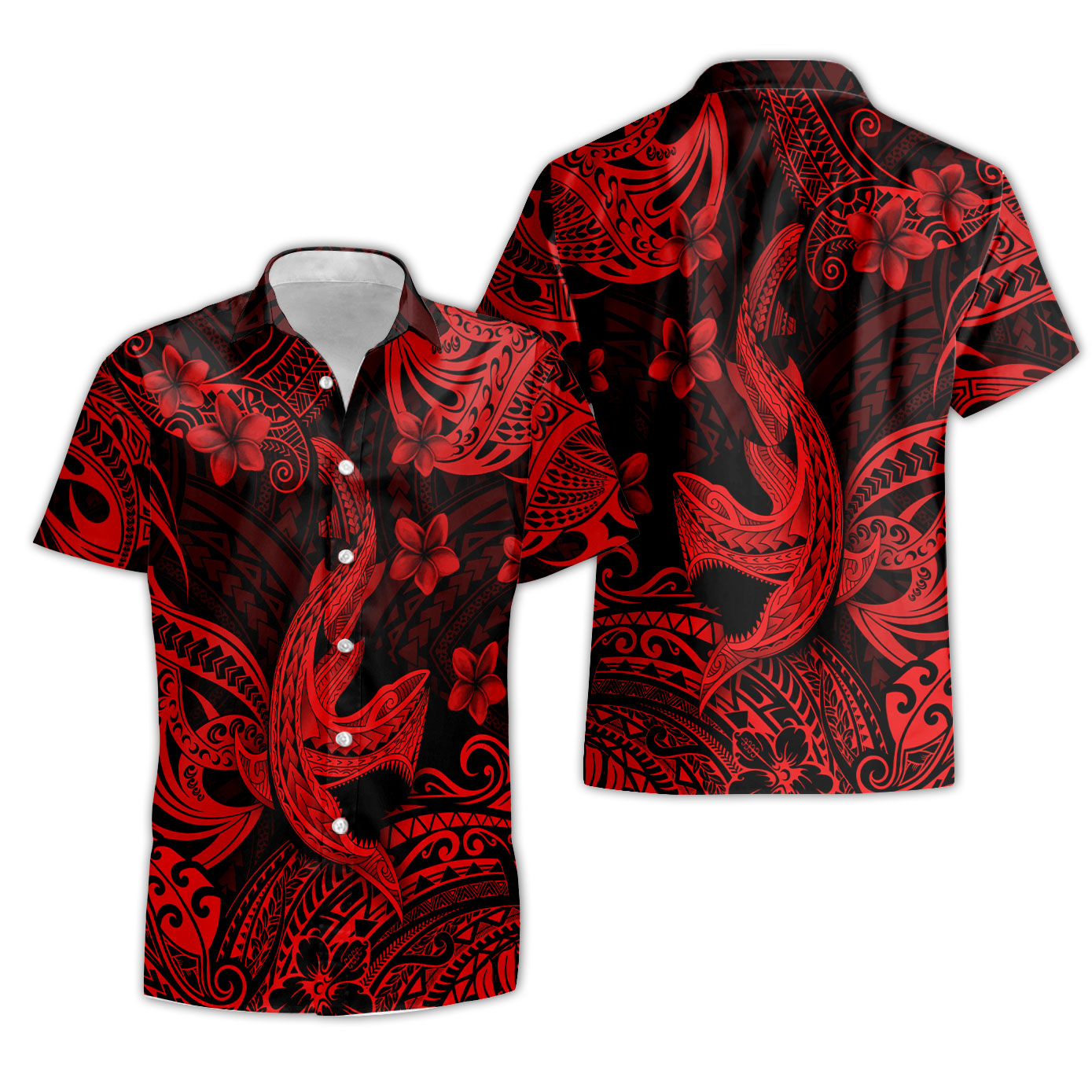 Hawaii Matching Outfits For Couples Polynesian Shark Red & Black Style - TT01