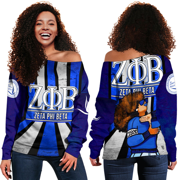 Sorority Sweatshirt - Zeta Phi Beta Girl Off Shoulder Sweatshirt Vertical Stripes Style