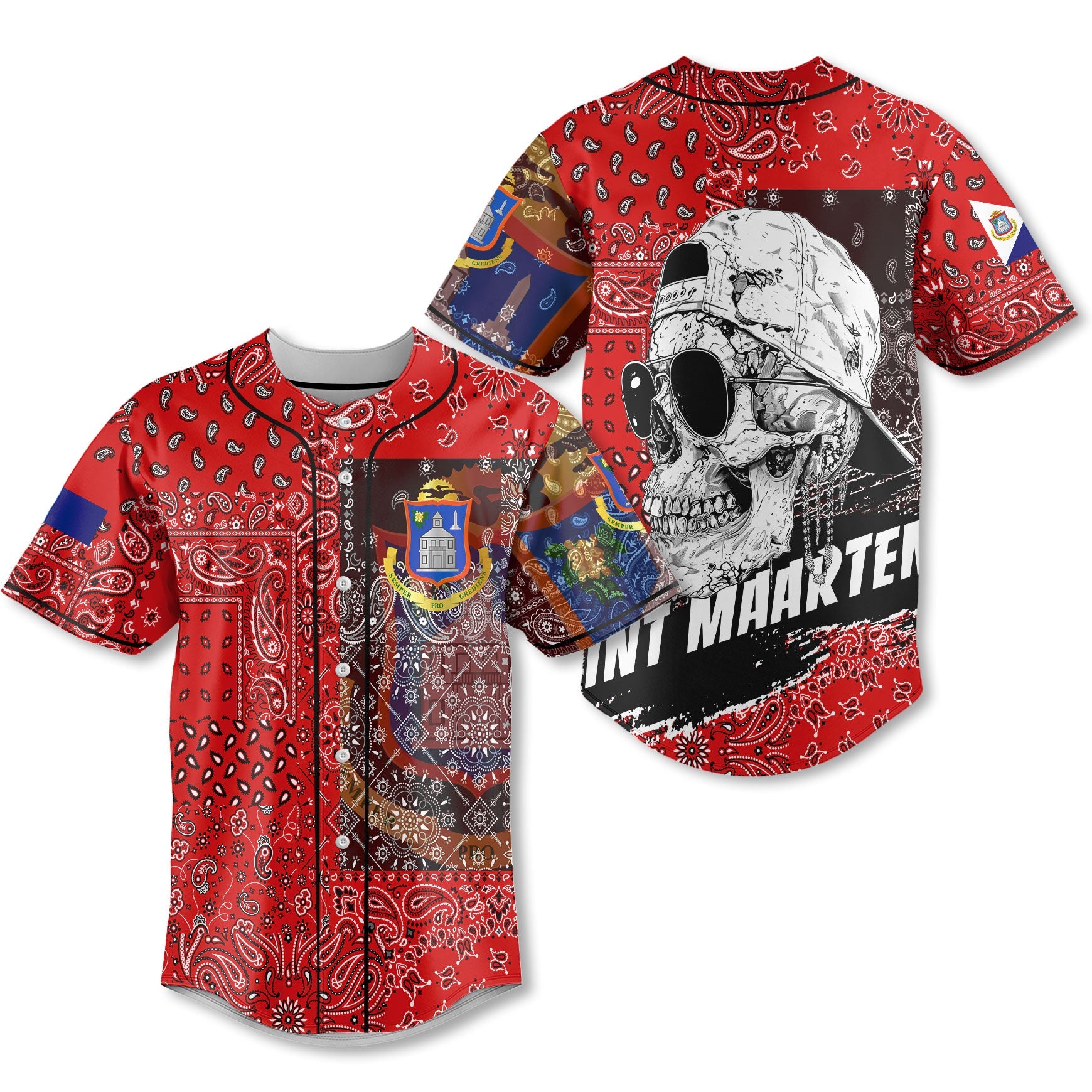 Sint Maarten Baseball Jersey Paisley Flag And Skull Style 1