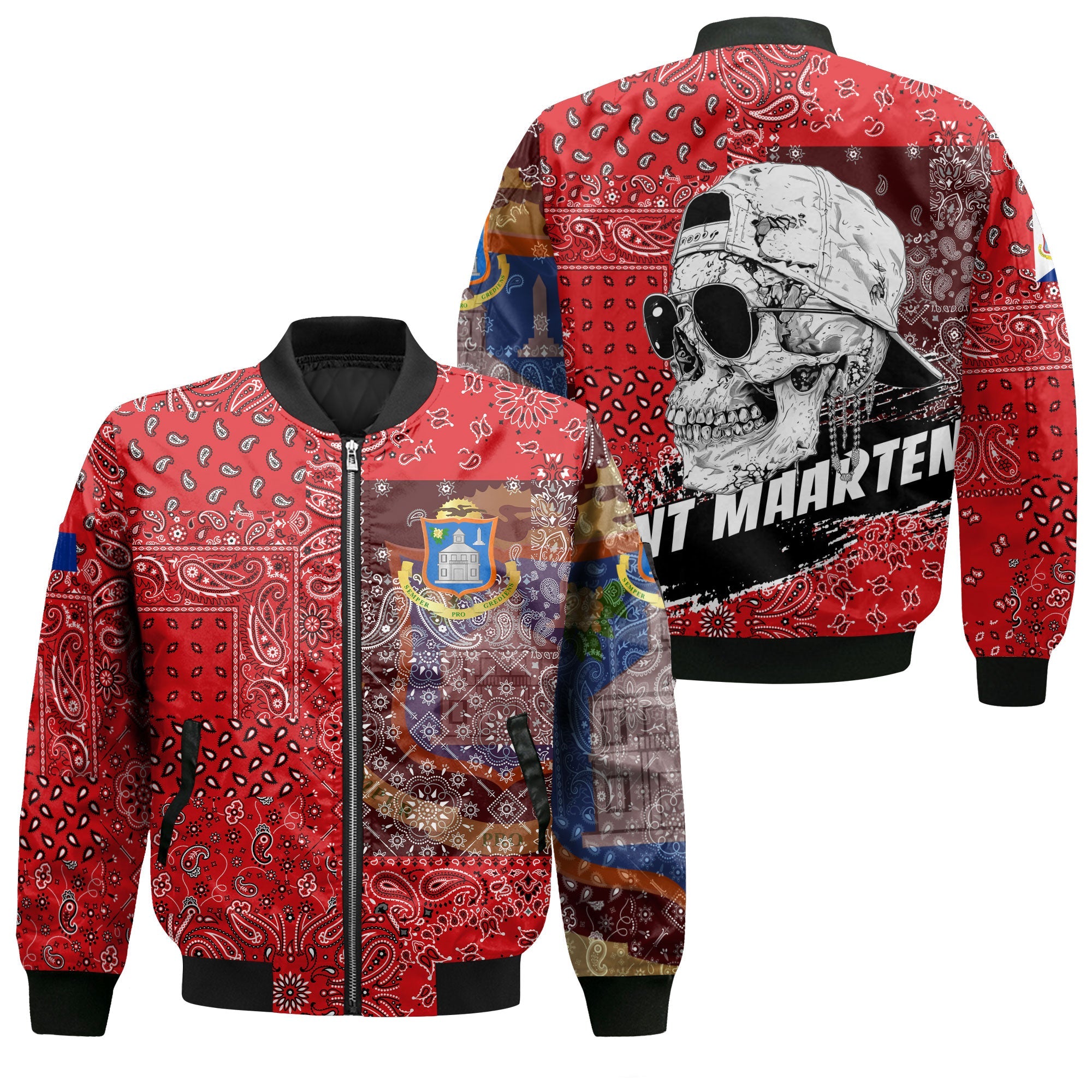 Sint Maarten Bomber Jacket Paisley Flag And Skull Style 1