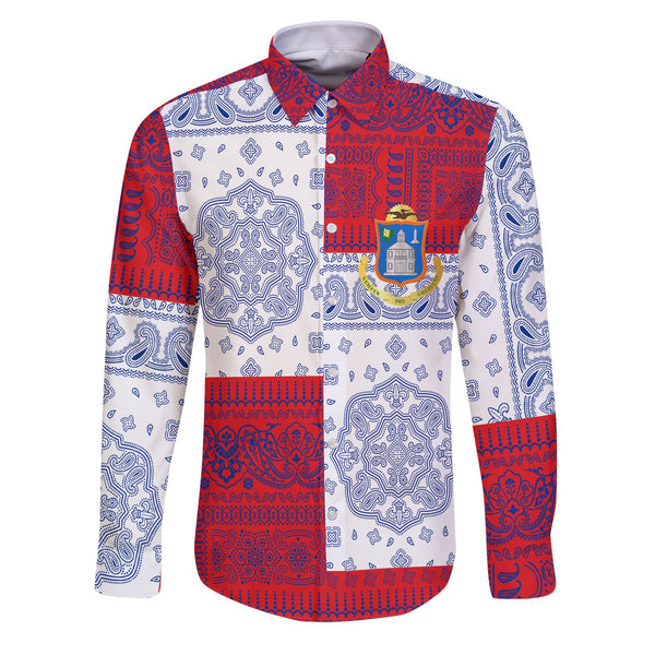 Sint Maarten Long Sleeve Button Shirt Flag And Paisley Basic Style 1