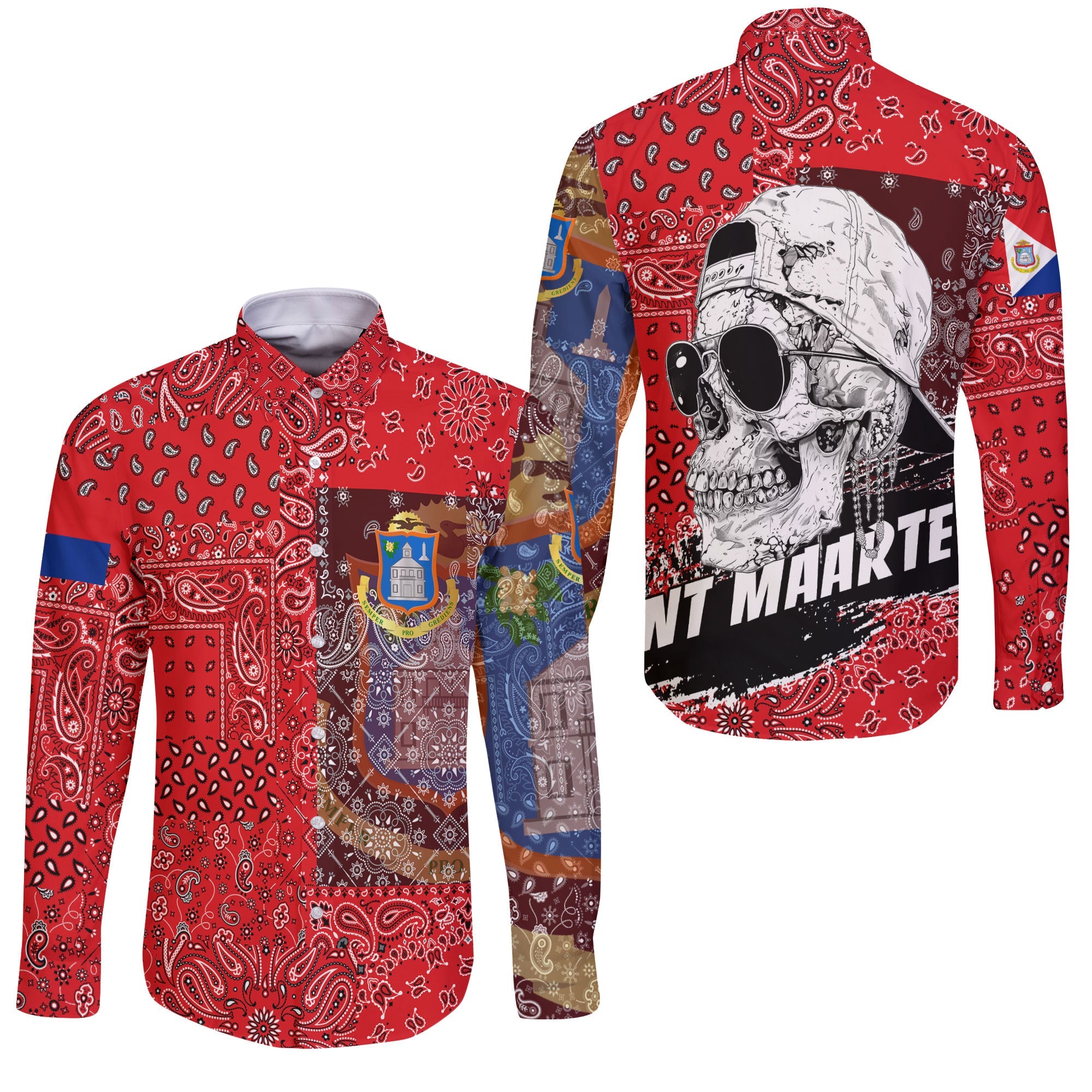 Sint Maarten Long Sleeve Button Shirt Paisley Flag And Skull Style 3