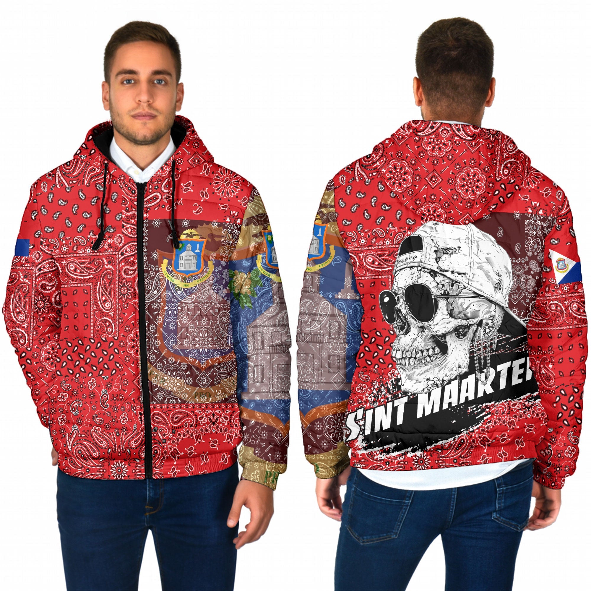 Sint Maarten Men Hooded Padded Jacket Paisley Flag And Skull Style 1