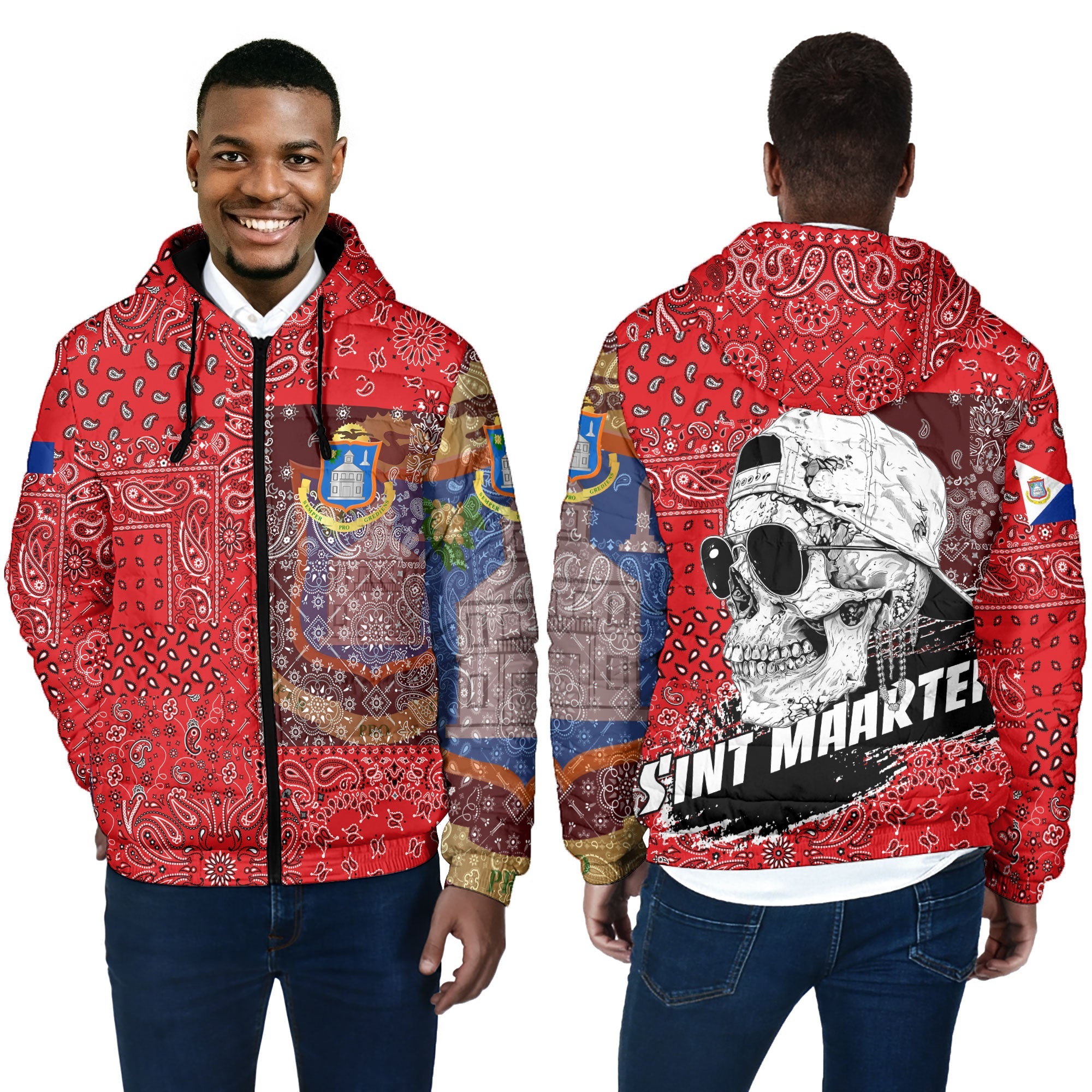 Sint Maarten Men Hooded Padded Jacket Paisley Flag And Skull Style 4