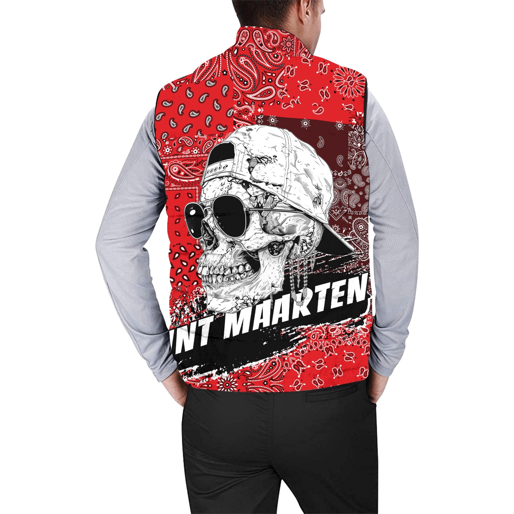 Sint Maarten Men Padded Jacket Vest Paisley Flag And Skull Style 2