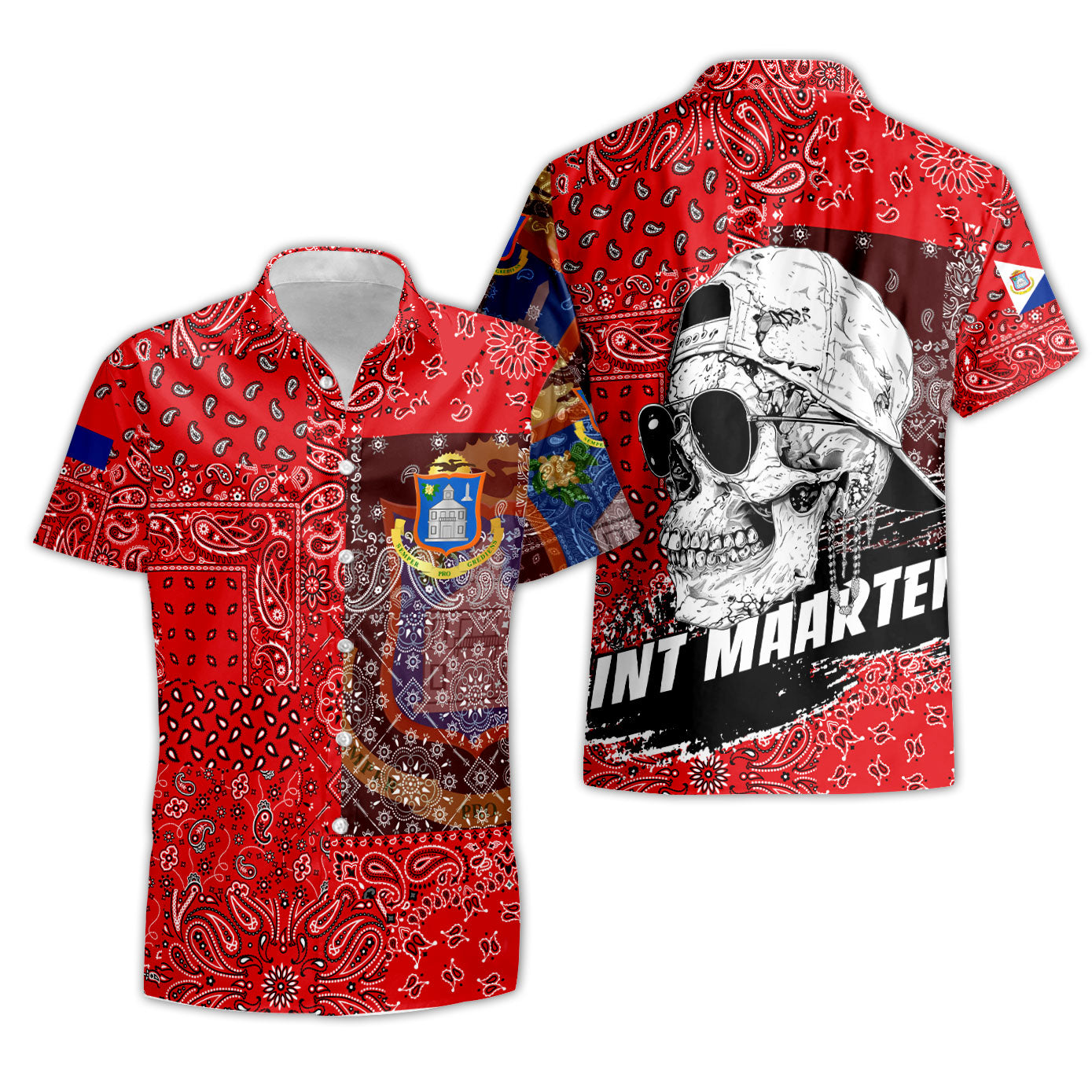 Sint Maarten Short Sleeve Shirt Paisley Flag And Skull Style 3