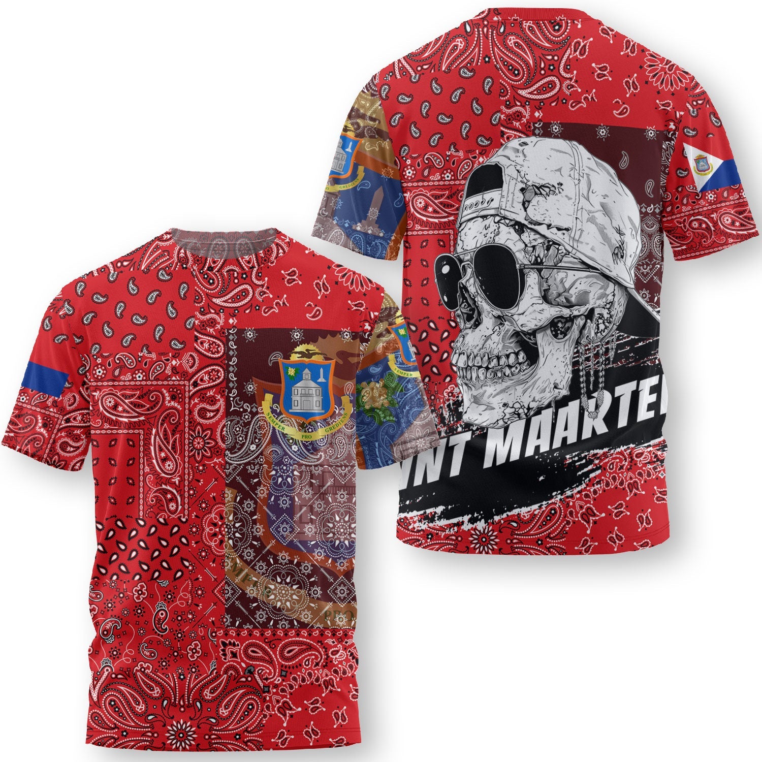 Sint Maarten T Shirt Paisley Flag And Skull Style 3