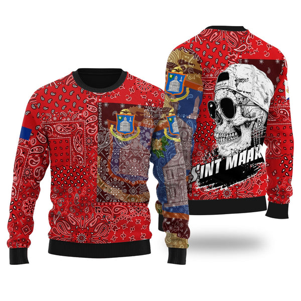 Sint Maarten Ugly Sweater Paisley Flag And Skull Style 1