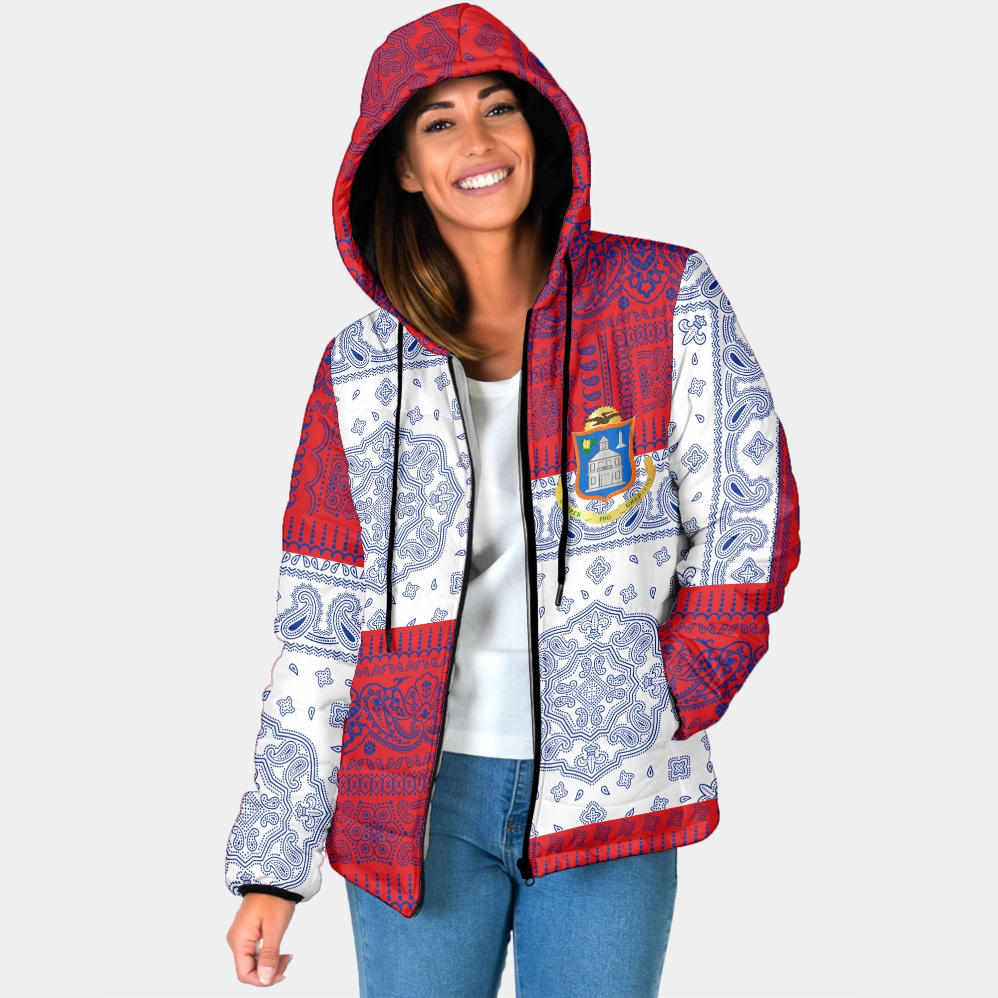 Sint Maarten Women Hooded Padded Jacket Flag And Paisley Basic Style 1