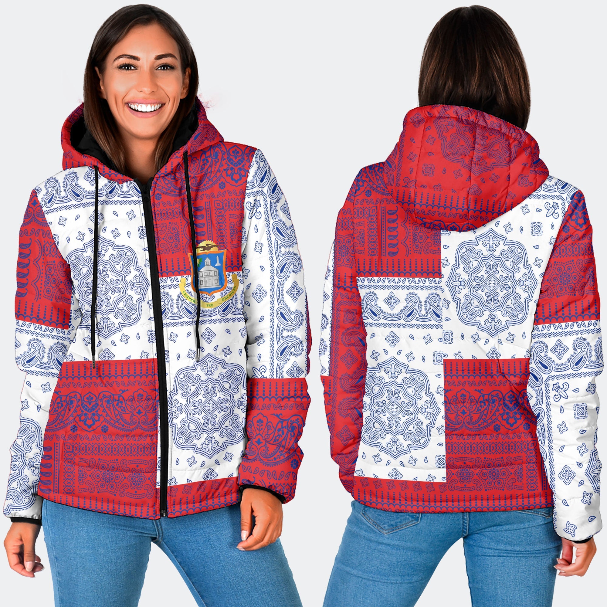 Sint Maarten Women Hooded Padded Jacket Flag And Paisley Basic Style 3