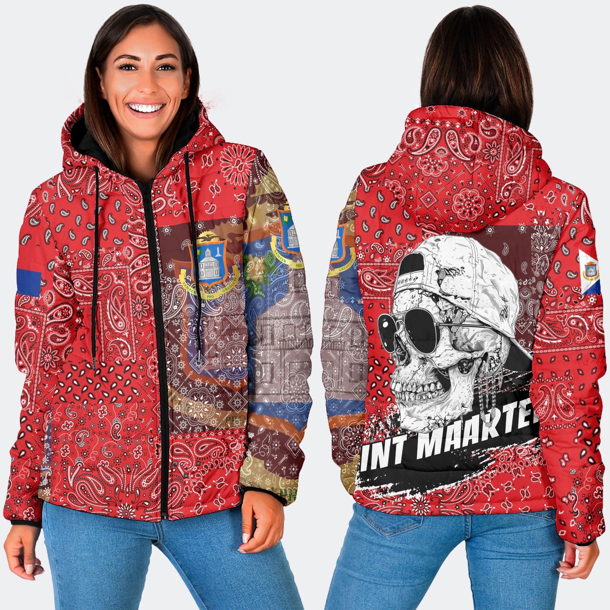 Sint Maarten Women Hooded Padded Jacket Paisley Flag And Skull Style 3