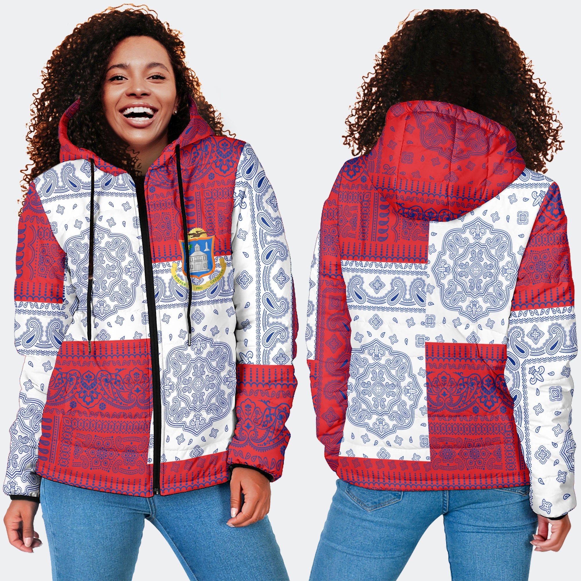 Sint Maarten Women Hooded Padded Jacket Flag And Paisley Basic Style 4