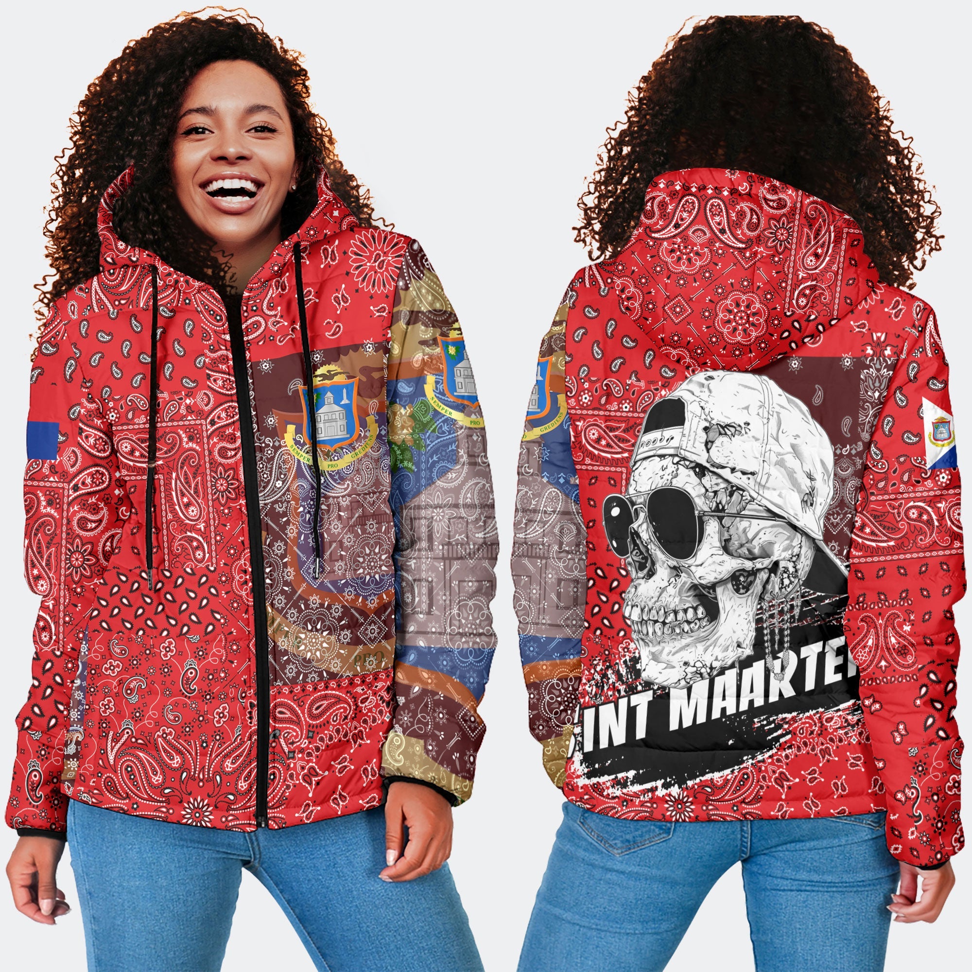 Sint Maarten Women Hooded Padded Jacket Paisley Flag And Skull Style 4