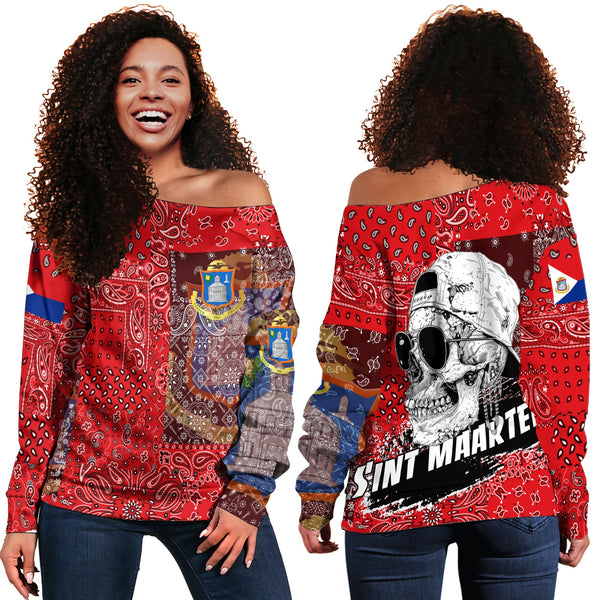 Sint Maarten Women Off Shoulder Sweatshirt Paisley Flag And Skull Style 1