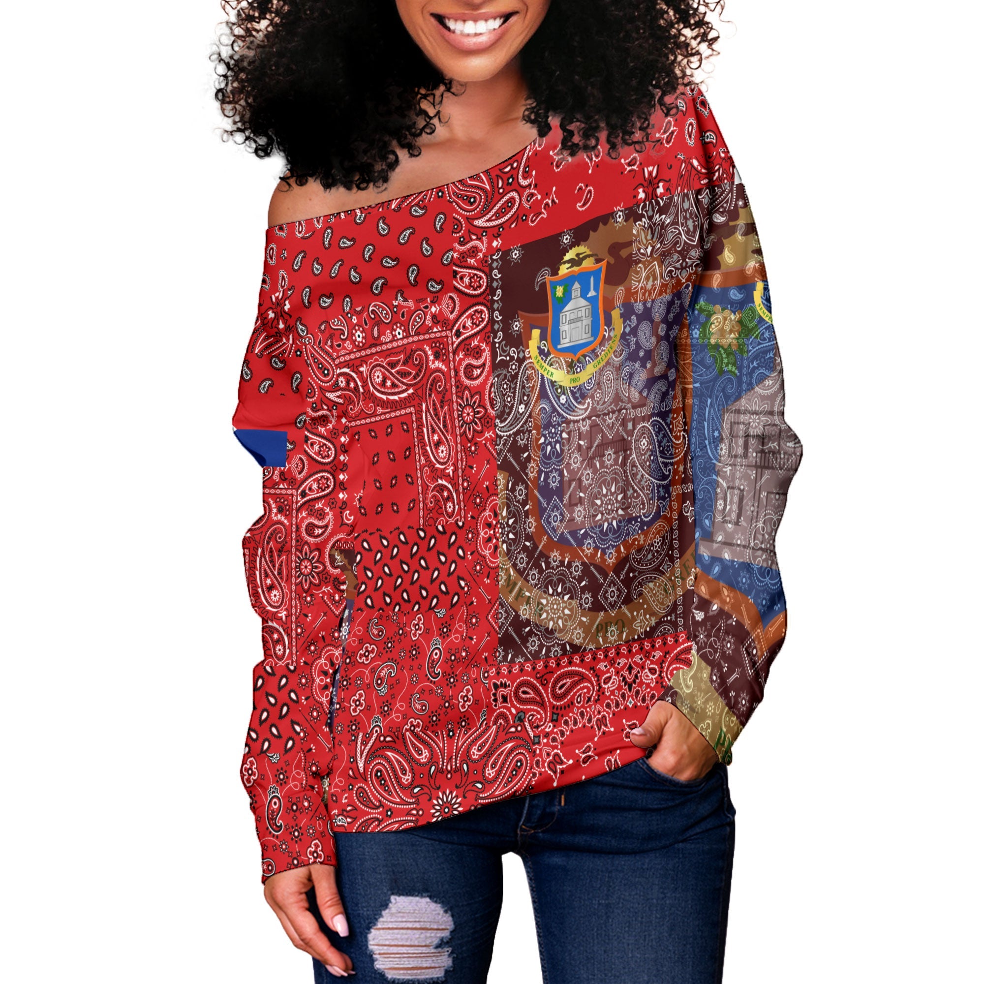 Sint Maarten Women Off Shoulder Sweatshirt Paisley Flag And Skull Style 2