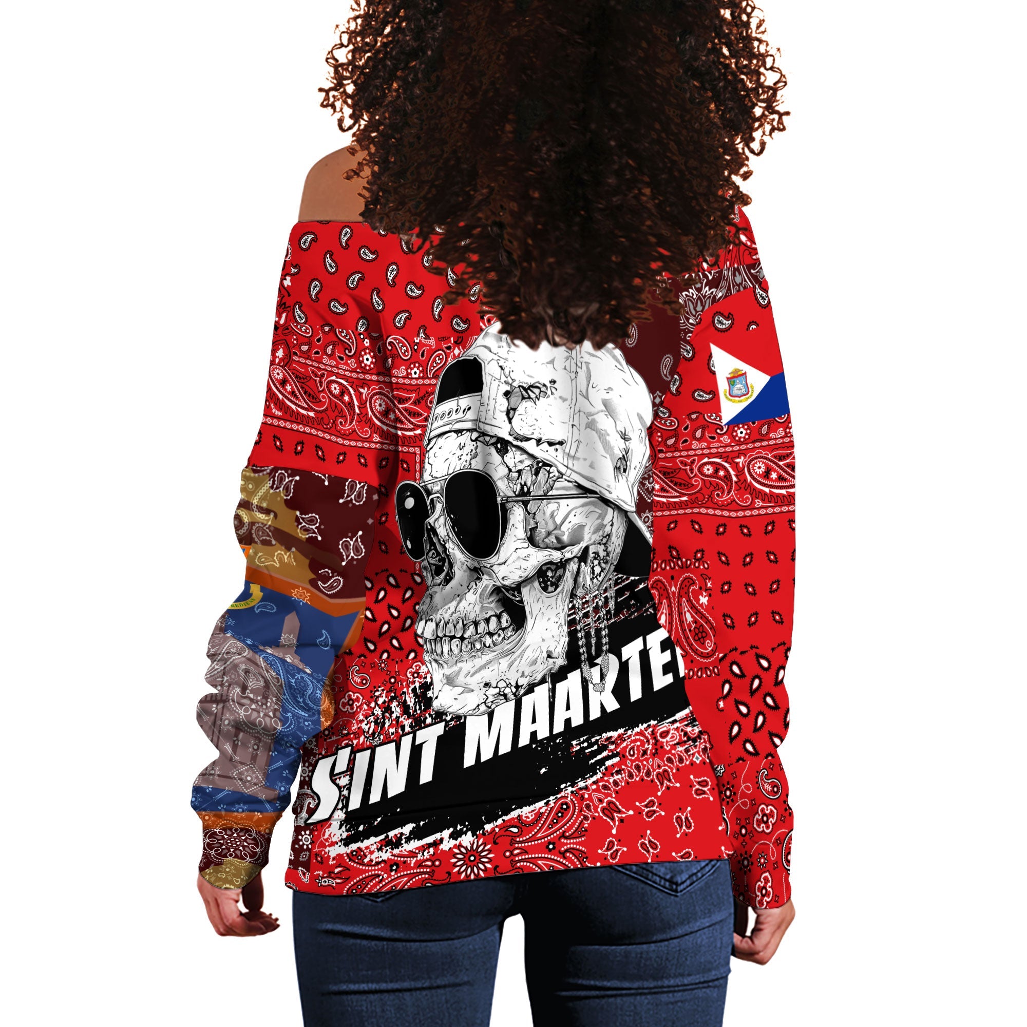 Sint Maarten Women Off Shoulder Sweatshirt Paisley Flag And Skull Style 3