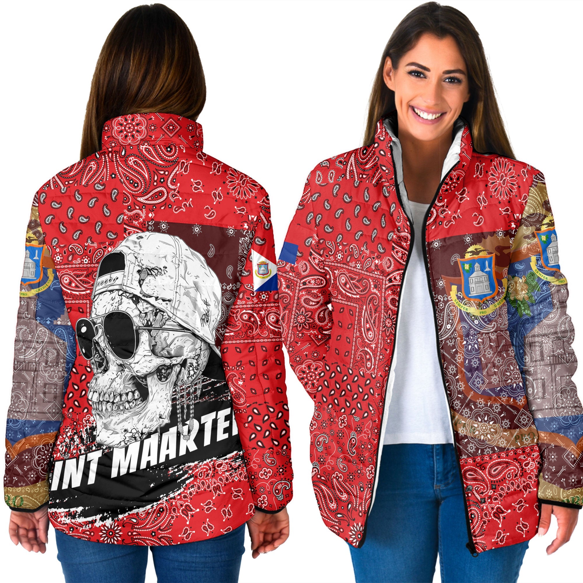 Sint Maarten Women Padded Jacket Paisley Flag And Skull Style 3