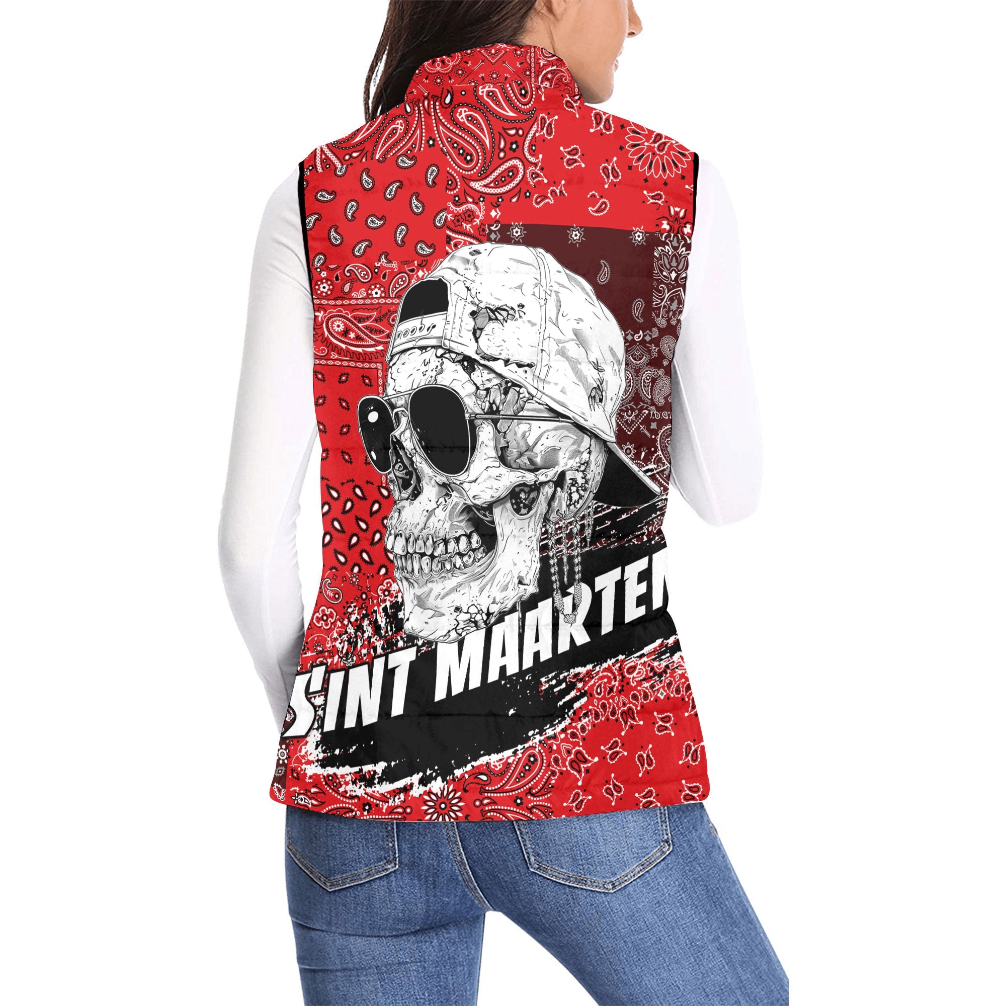 Sint Maarten Women Padded Jacket Vest Paisley Flag And Skull Style 2