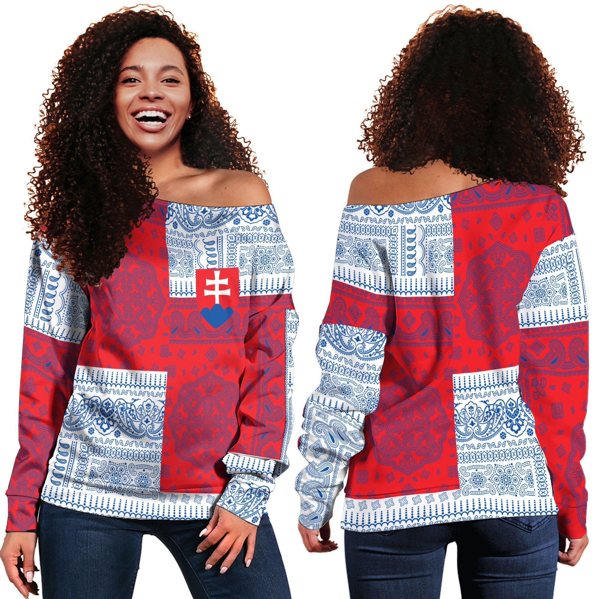 Slovakia Women Off Shoulder Sweatshirt Flag And Paisley Basic Style 1