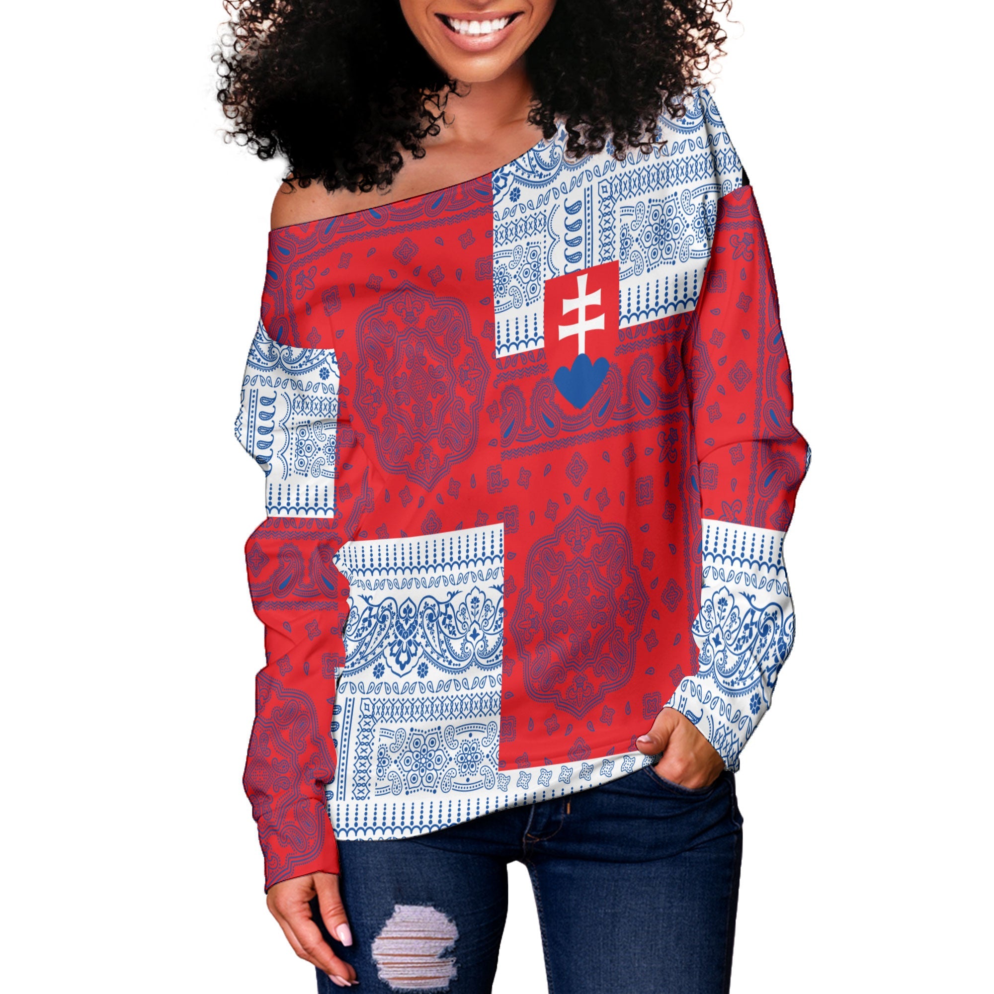 Slovakia Women Off Shoulder Sweatshirt Flag And Paisley Basic Style 2