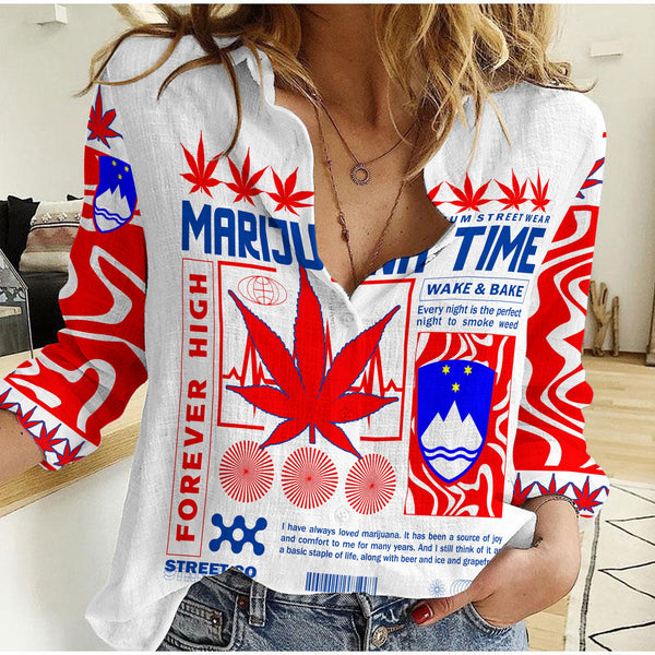 Slovenia Women Casual Shirt Flag & Coat Of Arms Marijuanas Style