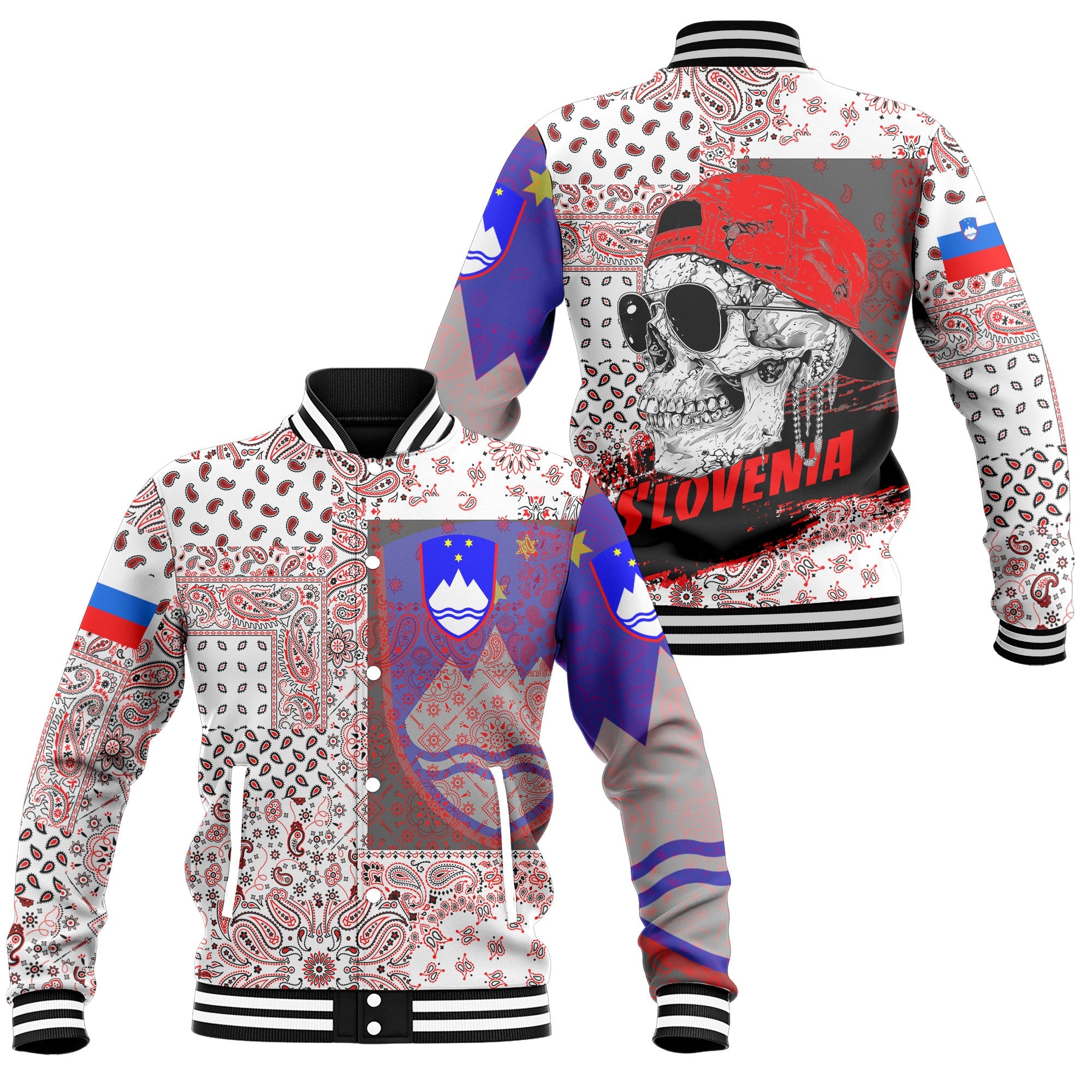 Slovenia Baseball Jacket Paisley Flag And Skull Style 1