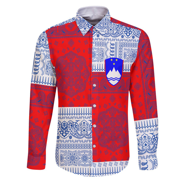 Slovenia Long Sleeve Button Shirt Flag And Paisley Basic Style 1