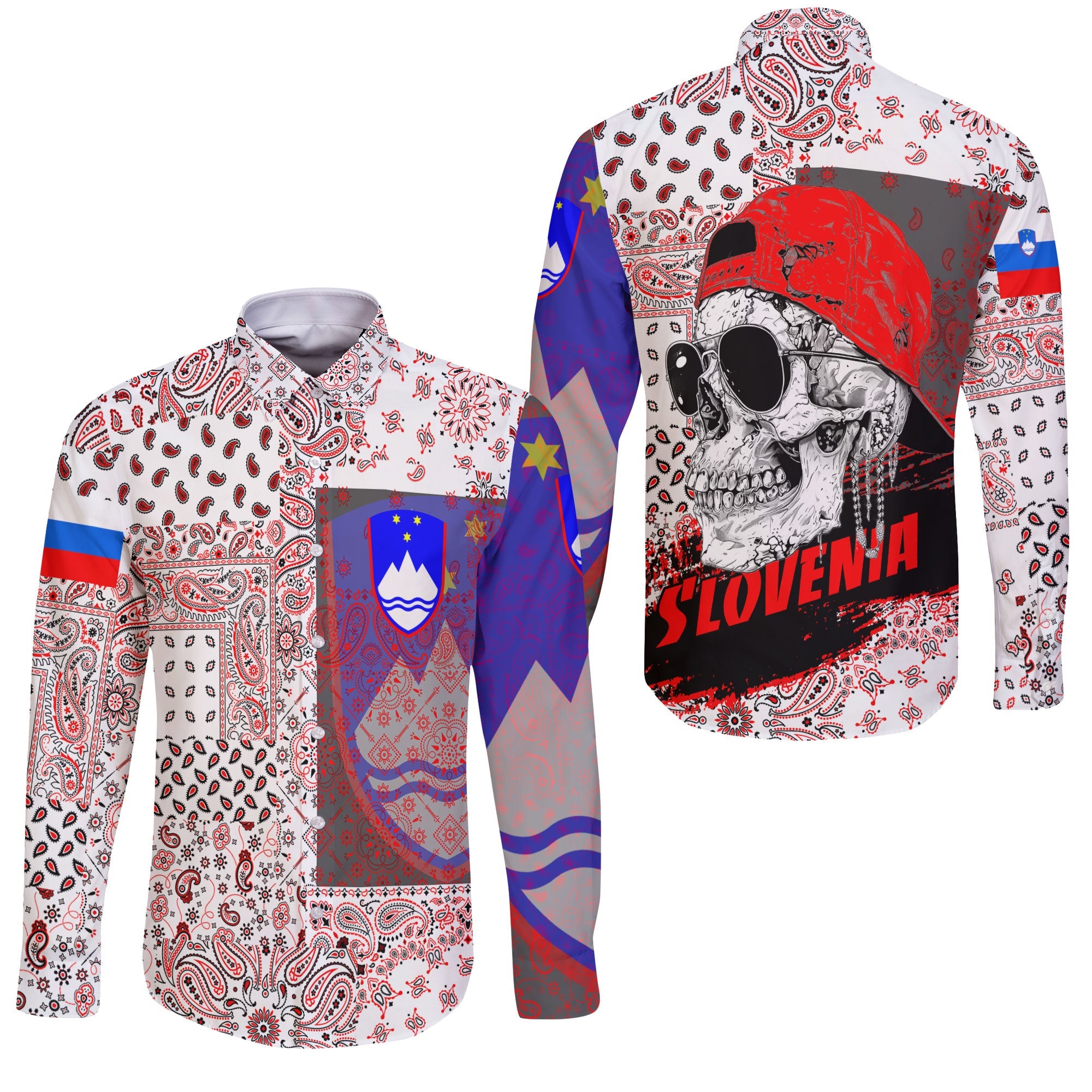 Slovenia Long Sleeve Button Shirt Paisley Flag And Skull Style 3