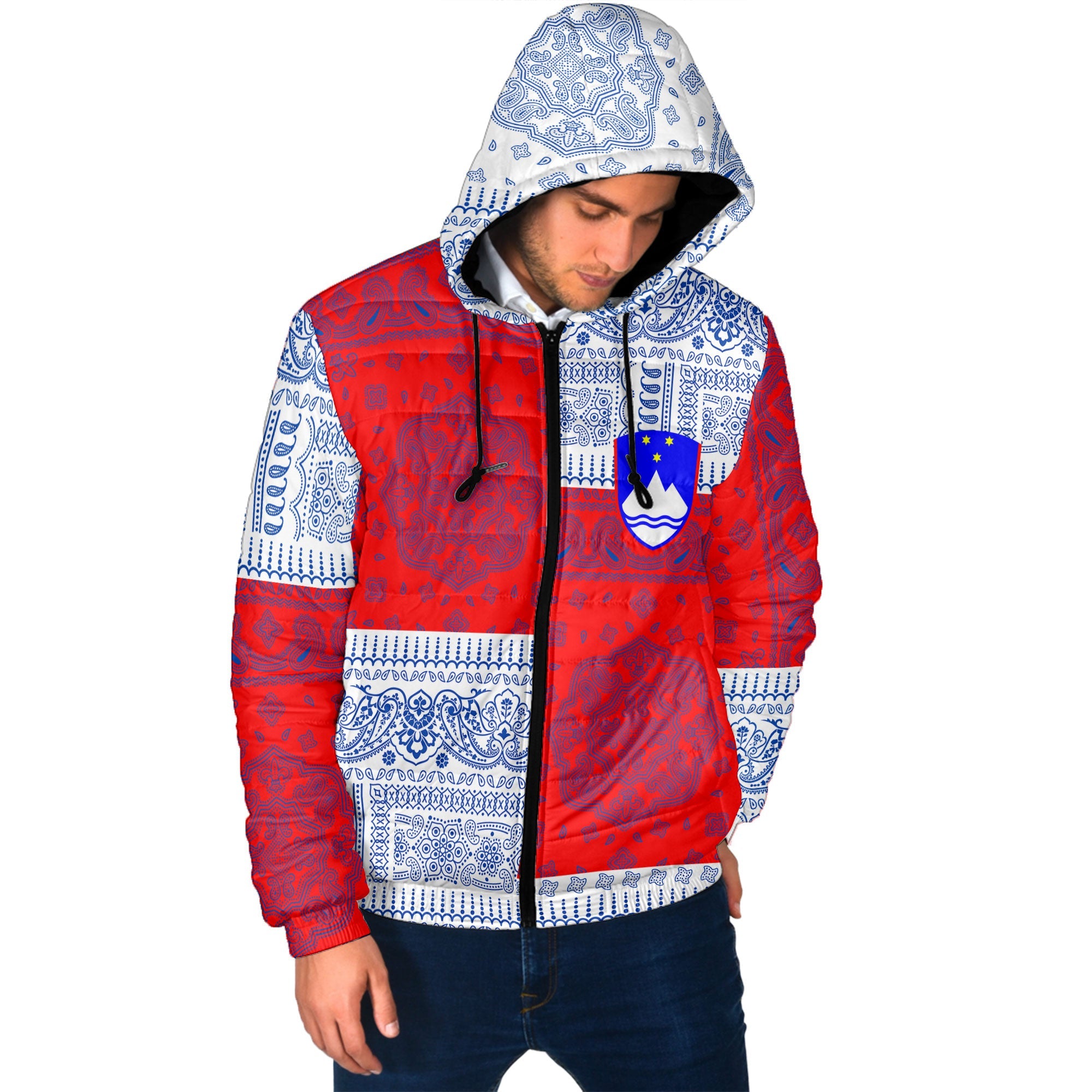 Slovenia Men Hooded Padded Jacket Flag And Paisley Basic Style 2