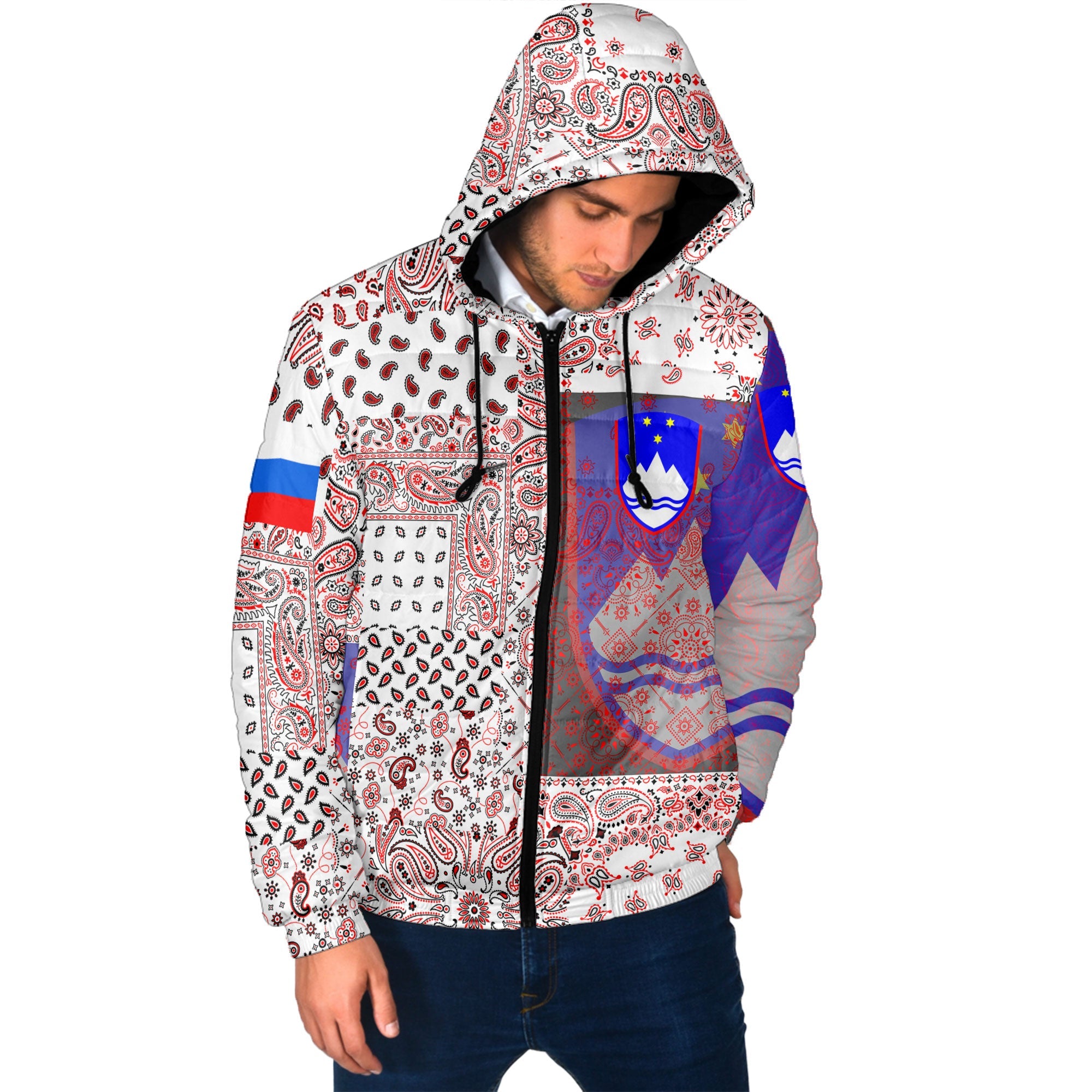 Slovenia Men Hooded Padded Jacket Paisley Flag And Skull Style 2