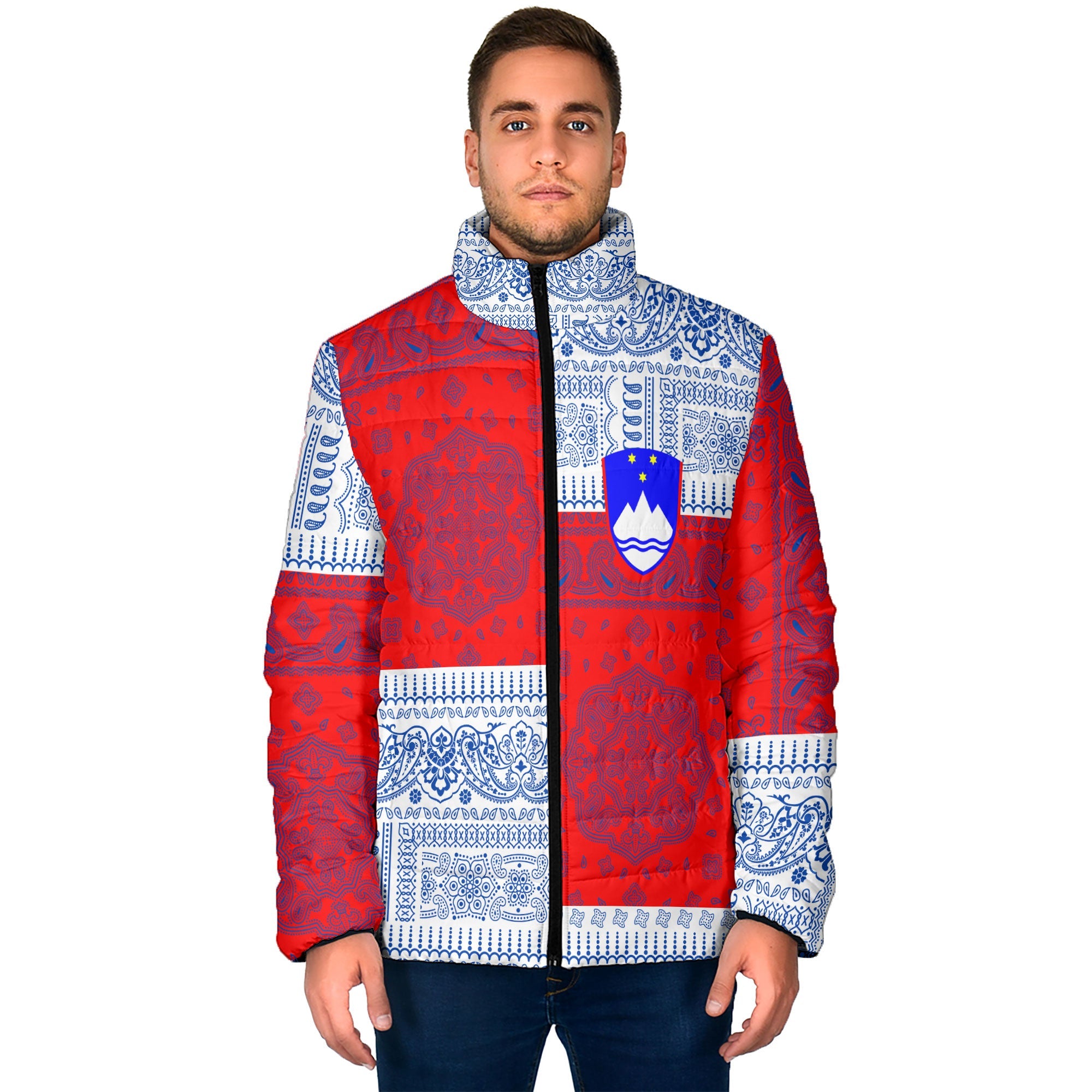 Slovenia Men Padded Jacket Flag And Paisley Basic Style 1