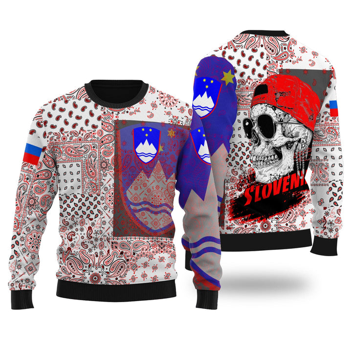 Slovenia Ugly Sweater Paisley Flag And Skull Style 1