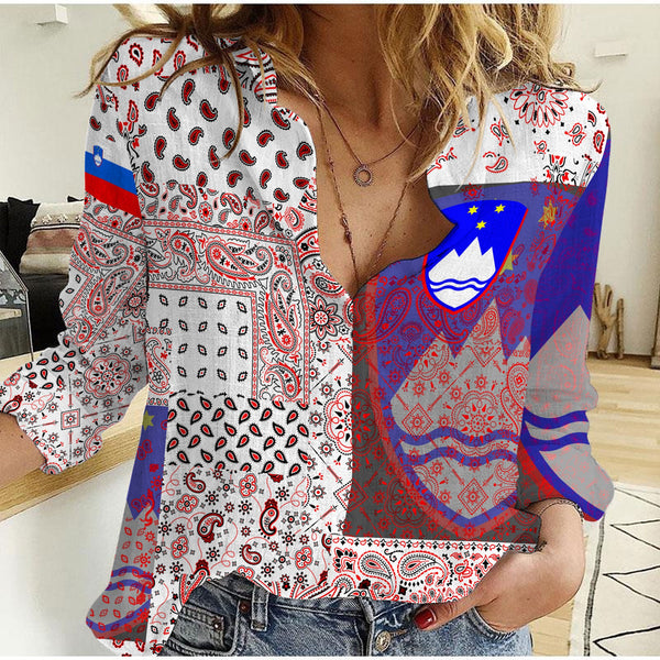 Slovenia Women Casual Shirt Paisley Flag And Skull Style 1