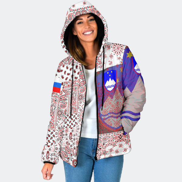 Slovenia Women Hooded Padded Jacket Paisley Flag And Skull Style 1