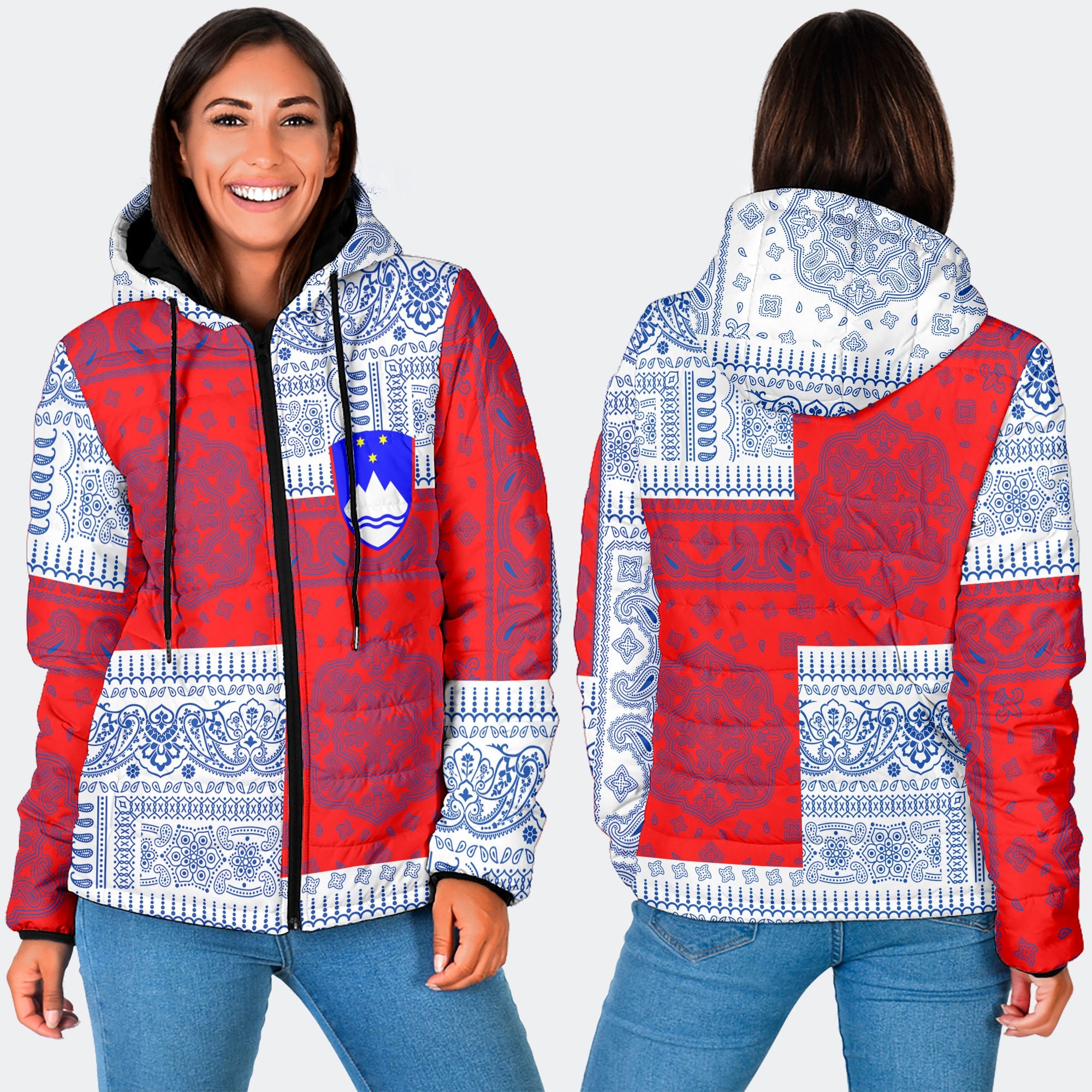 Slovenia Women Hooded Padded Jacket Flag And Paisley Basic Style 3