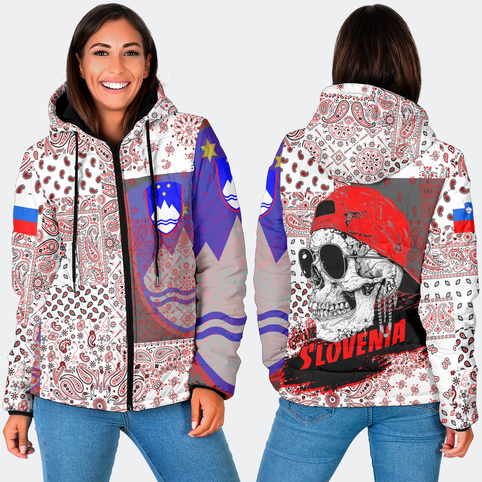 Slovenia Women Hooded Padded Jacket Paisley Flag And Skull Style 3