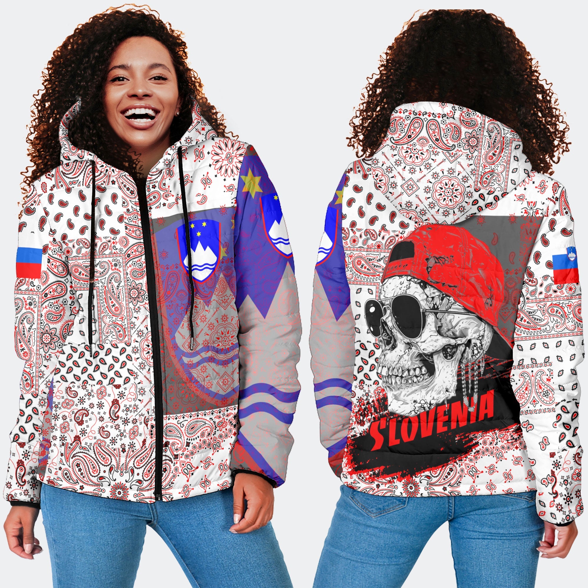 Slovenia Women Hooded Padded Jacket Paisley Flag And Skull Style 4