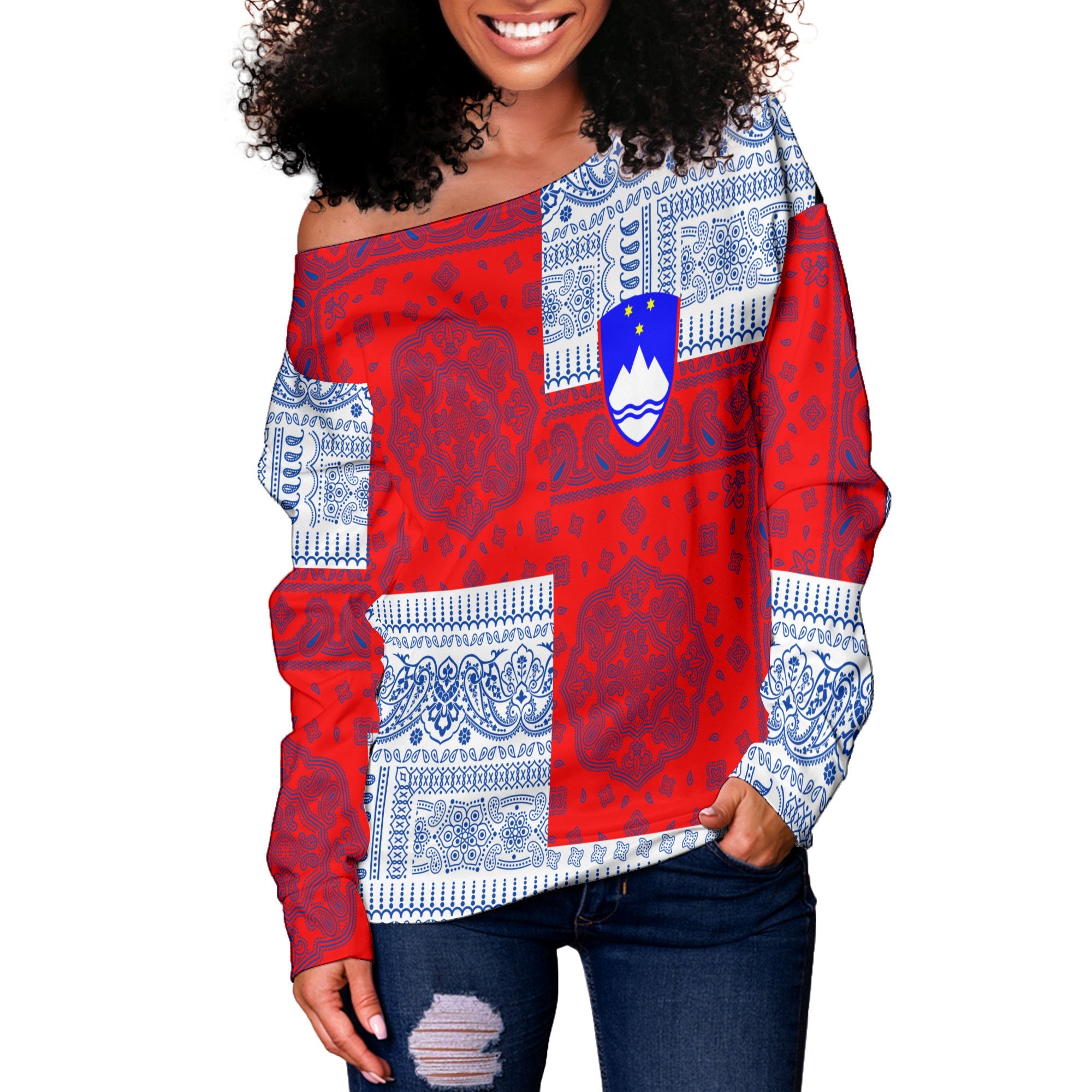 Slovenia Women Off Shoulder Sweatshirt Flag And Paisley Basic Style 2