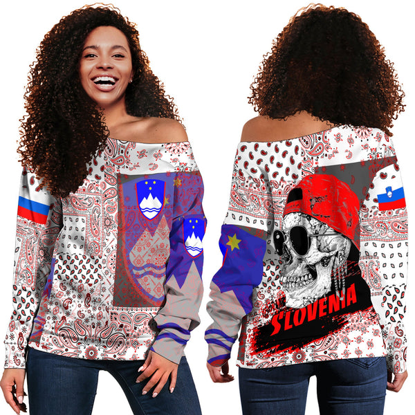 Slovenia Women Off Shoulder Sweatshirt Paisley Flag And Skull Style 1