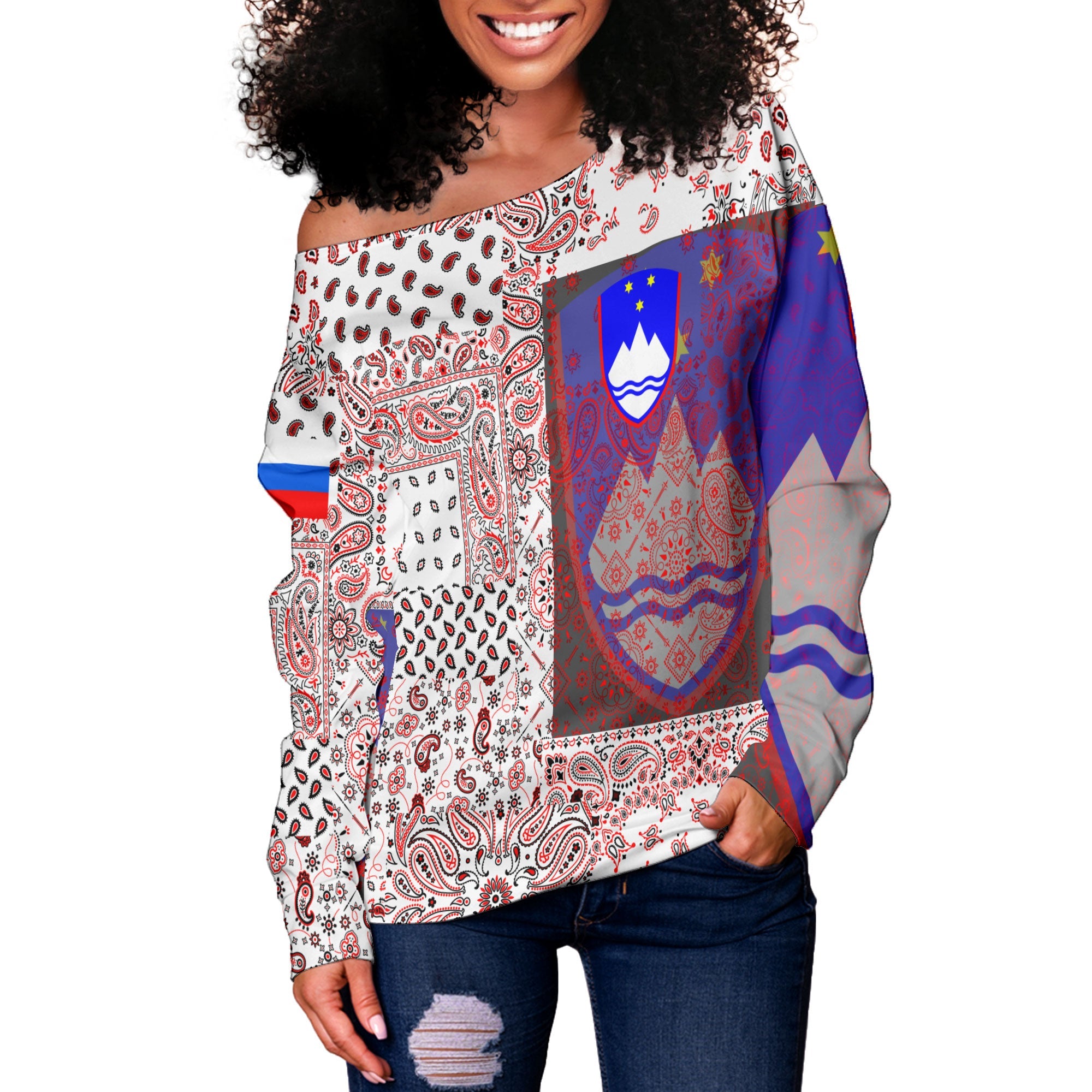 Slovenia Women Off Shoulder Sweatshirt Paisley Flag And Skull Style 2